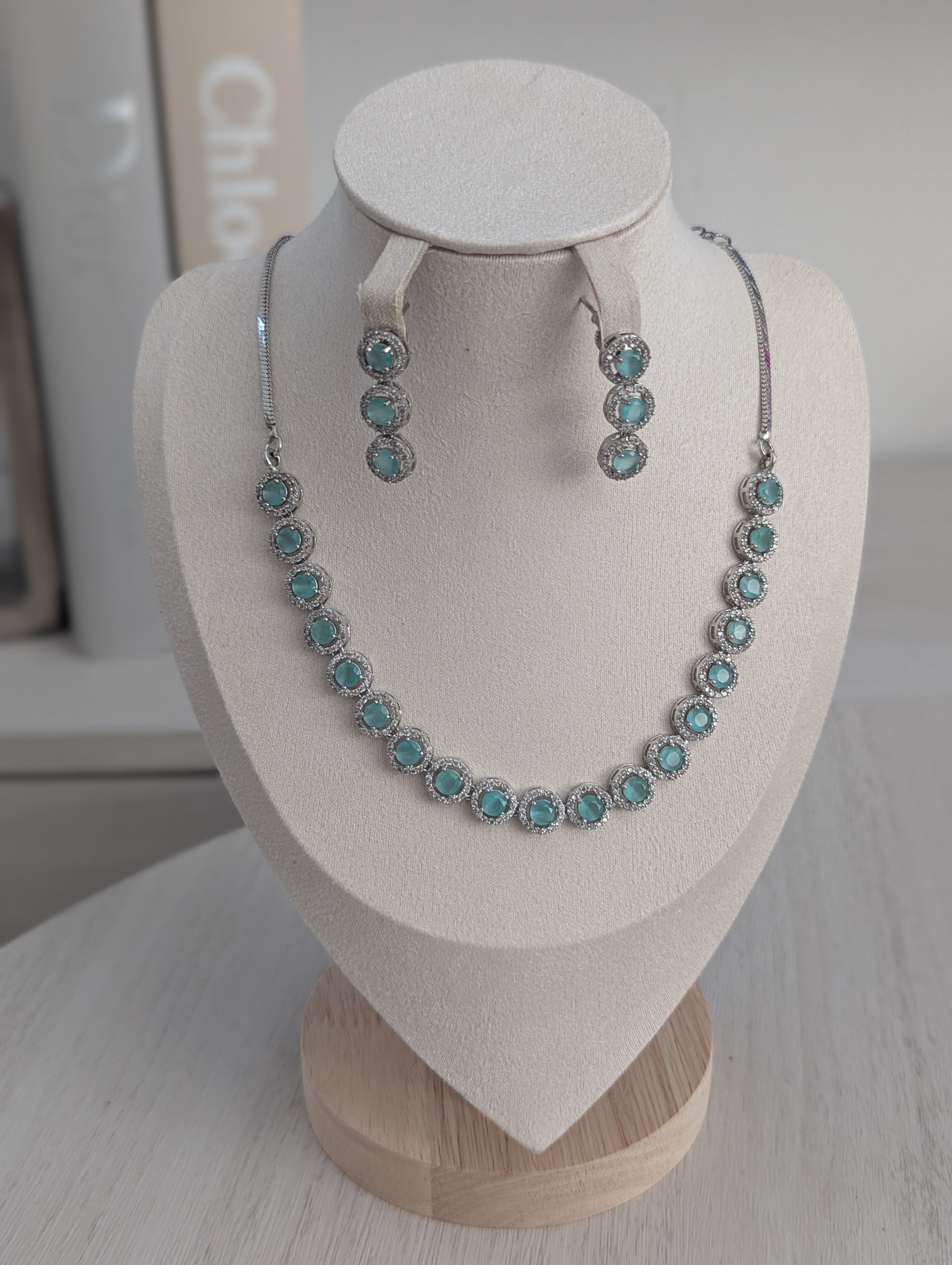 Isabella Mint Green CZ Necklace Earrings Set – Exceptional Quality Opulent Design, Clear Stones