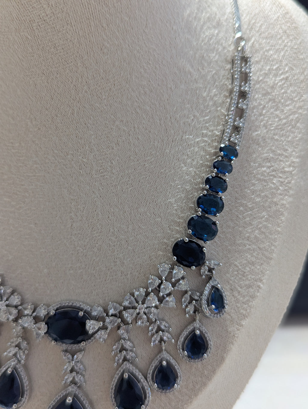 Arabella Necklace Earring Set – Exceptional Quality Blue CZ Sapphires, Clear Stones, White Gold Plating