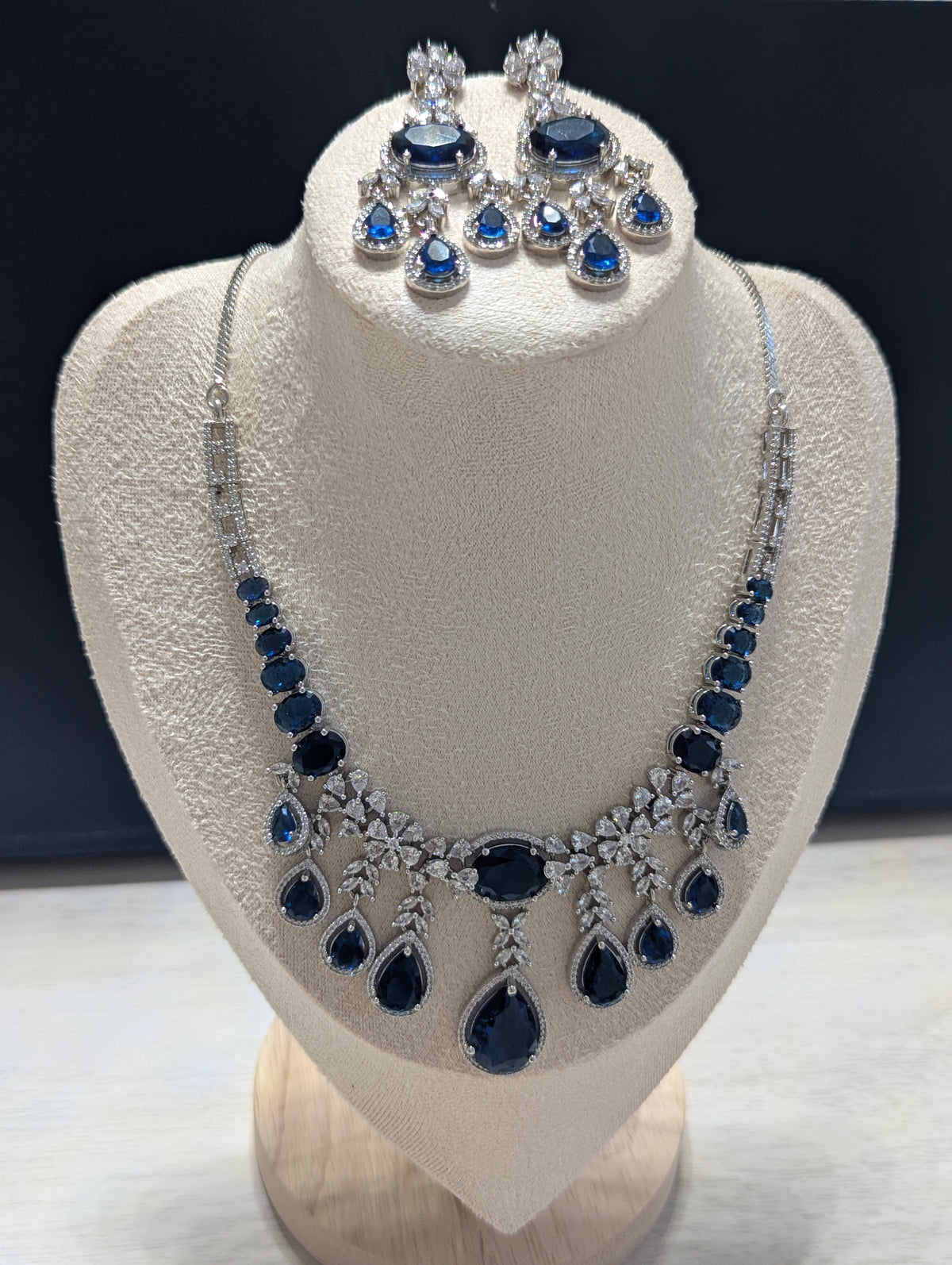 Arabella Necklace Earring Set – Exceptional Quality Blue CZ Sapphires, Clear Stones, White Gold Plating