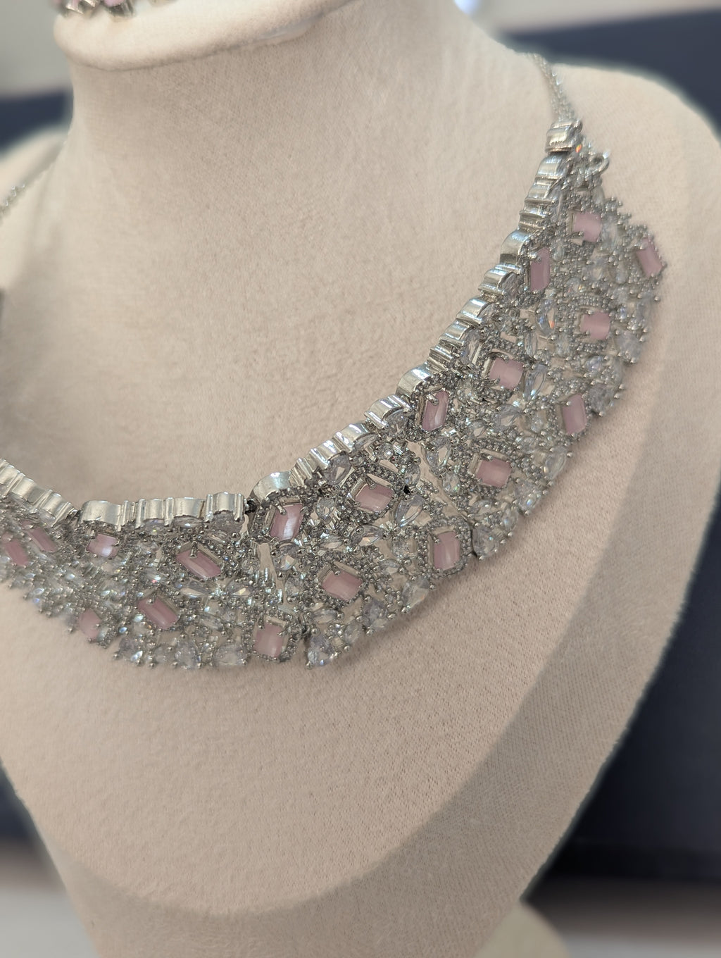 Alexandria - Pink Topaz Necklace & Earring Choker Set Exceptional Quality CZ Clear Stones. White Gold plating. Opulent Design