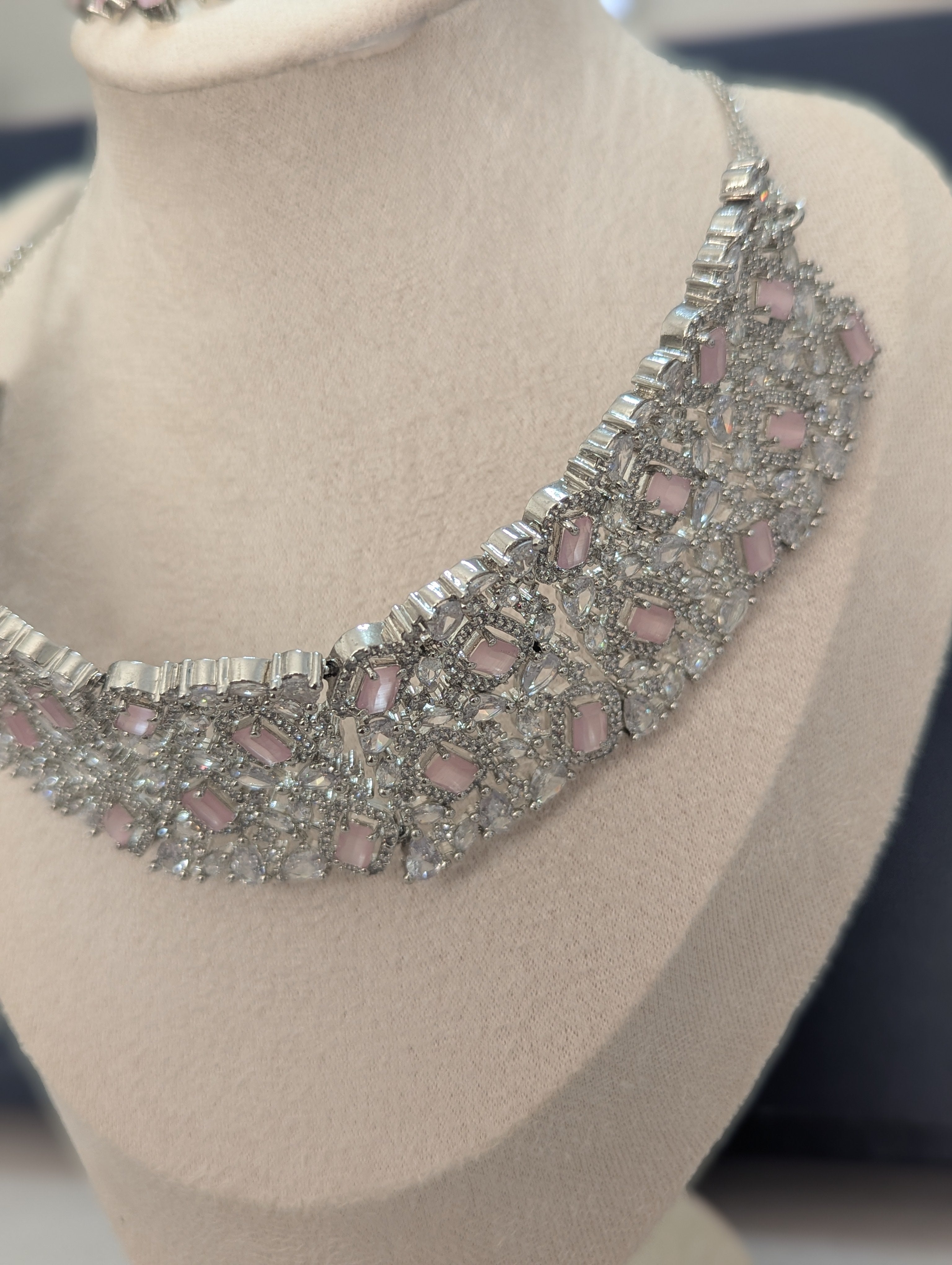 Alexandria - Pink Topaz Necklace & Earring Choker Set Exceptional Quality CZ Clear Stones. White Gold plating. Opulent Design