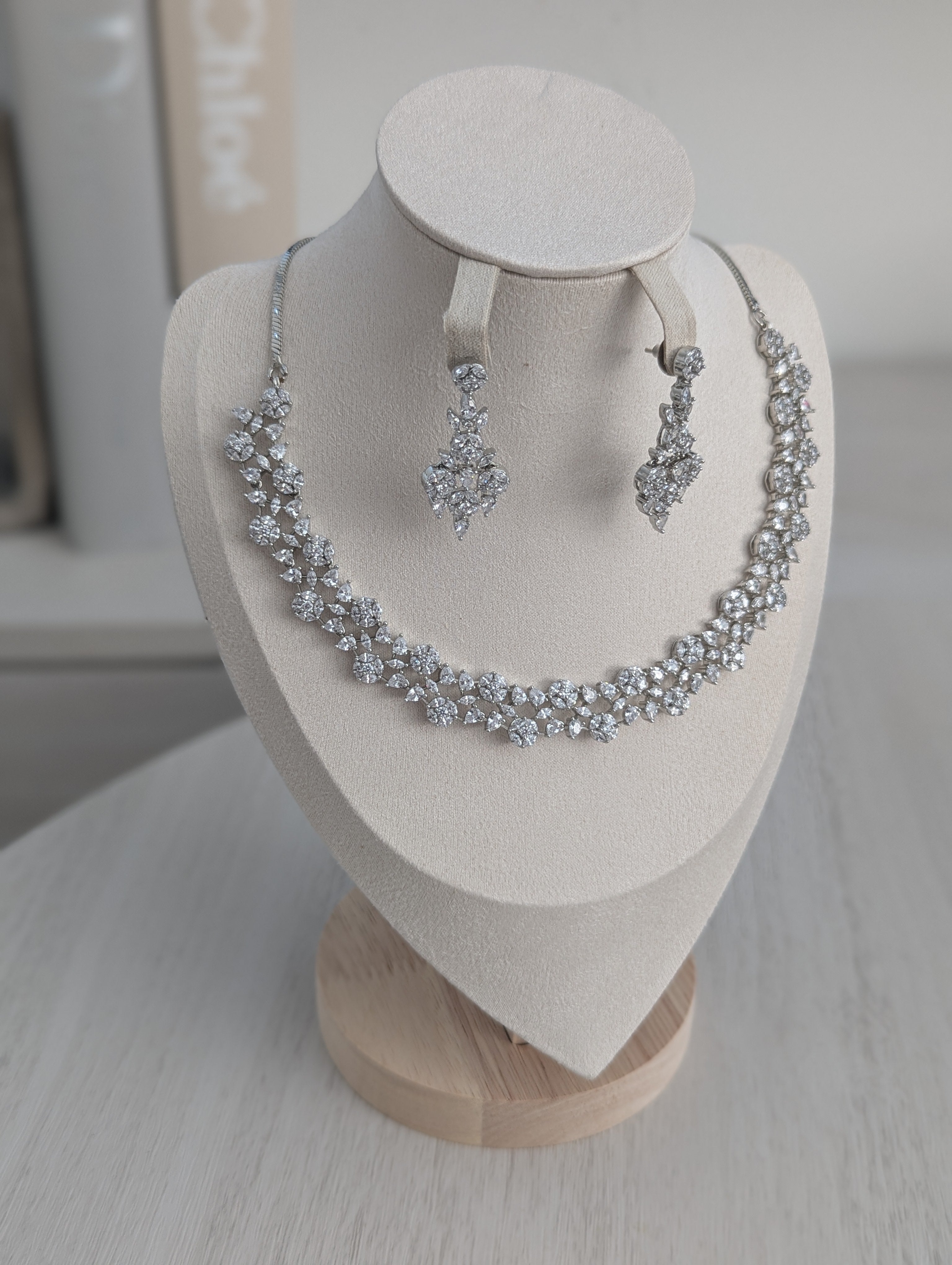 Elara Flower Design Necklace Earrings Set – Exceptional Quality  White Gold Plating, Clear CZ Stones