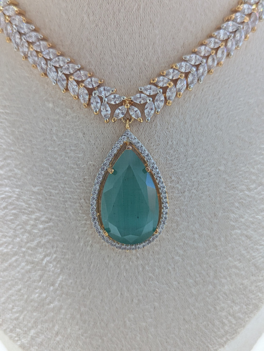 Giselle Necklace Earring Set – Exceptional Quality Mint Green Clear Cubic Zirconia 22ct Gold Plating Flower Design