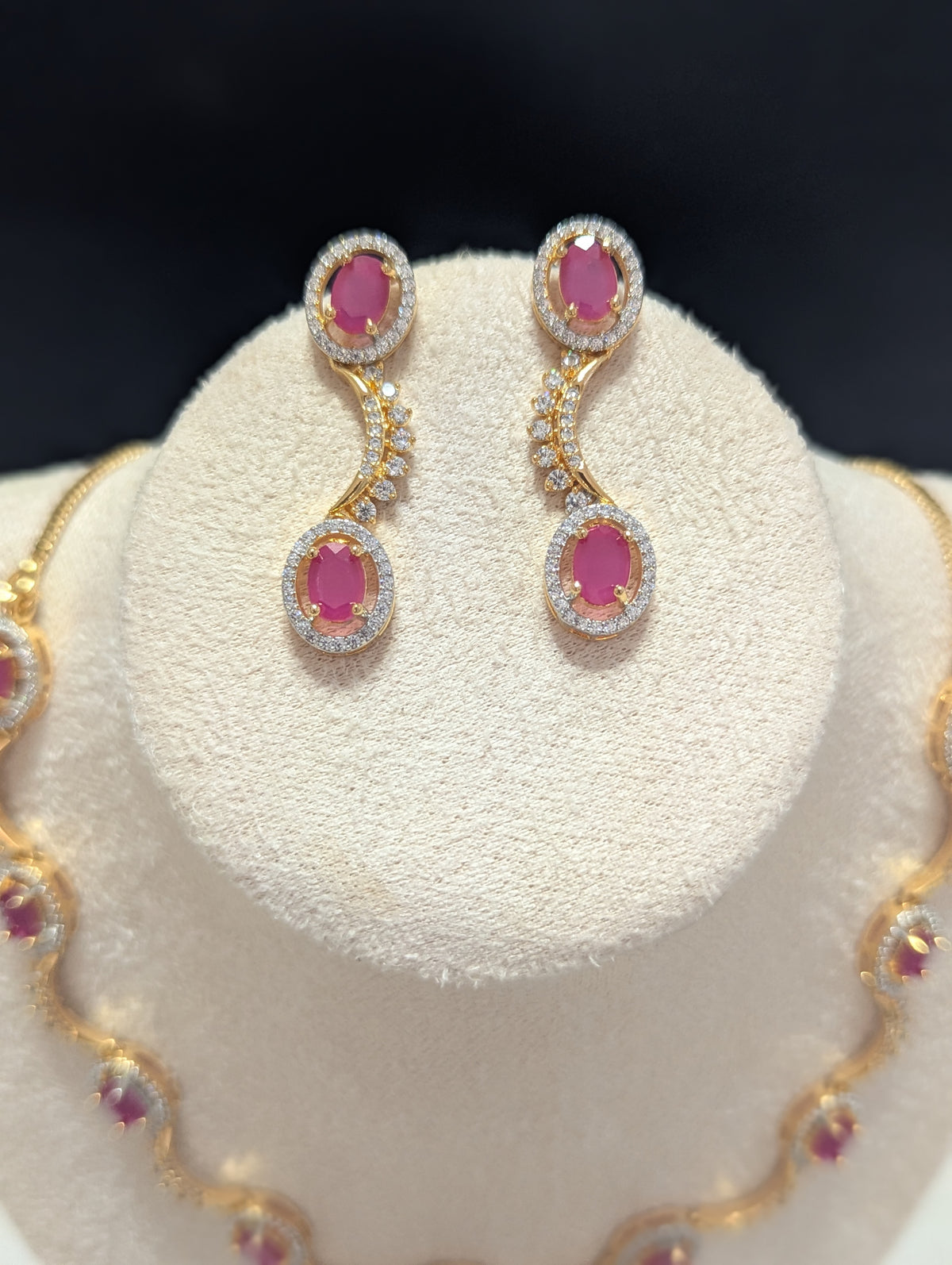 Eloise Pink Topaz CZ Flower Necklace Earrings Set – Exceptional Quality 22ct Gold Plated Jewelry
