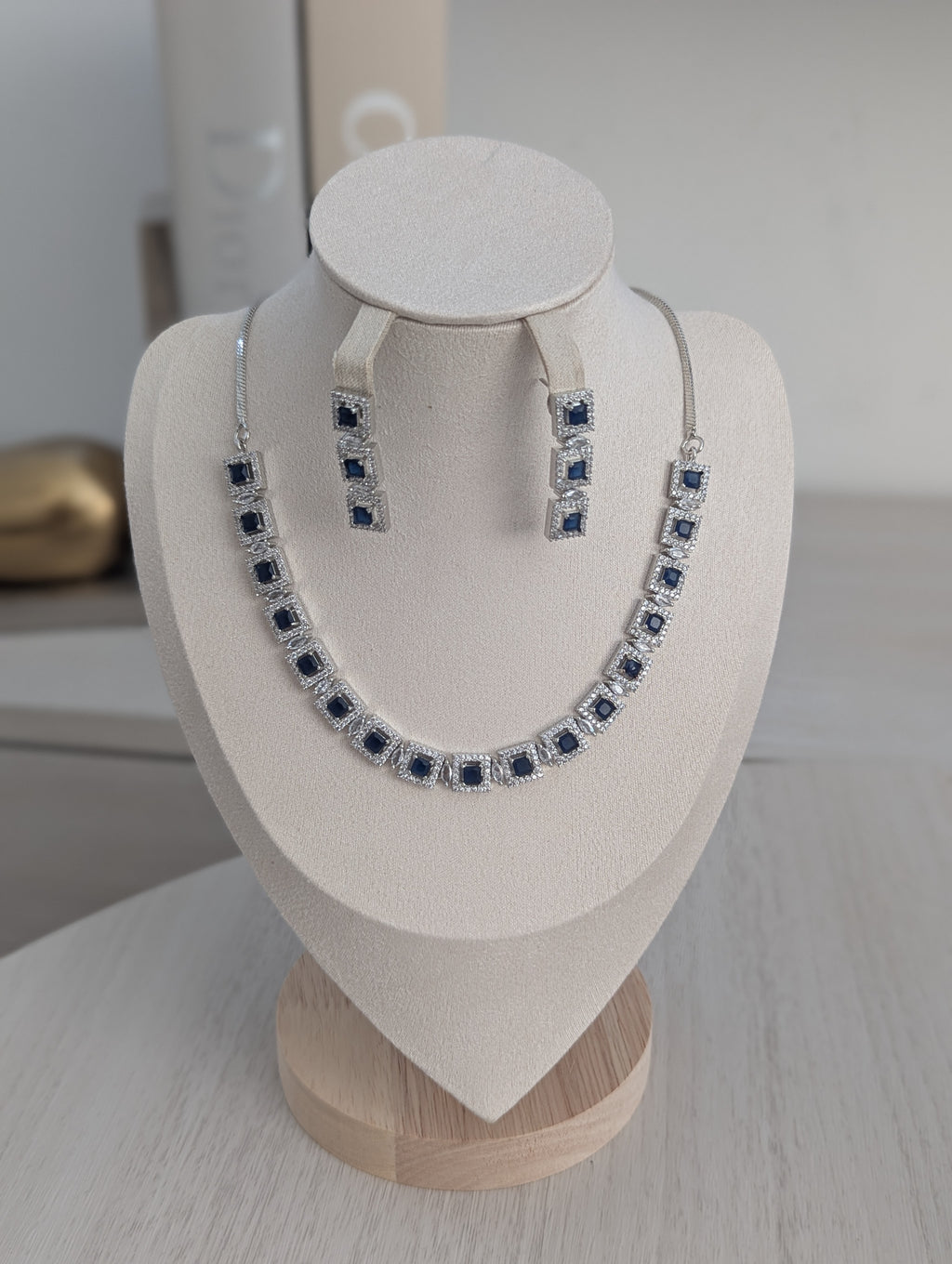 Isabella Sapphire Necklace Earring Set – Exceptional Quality CZ Stones, White Gold Plating, Opulent Design
