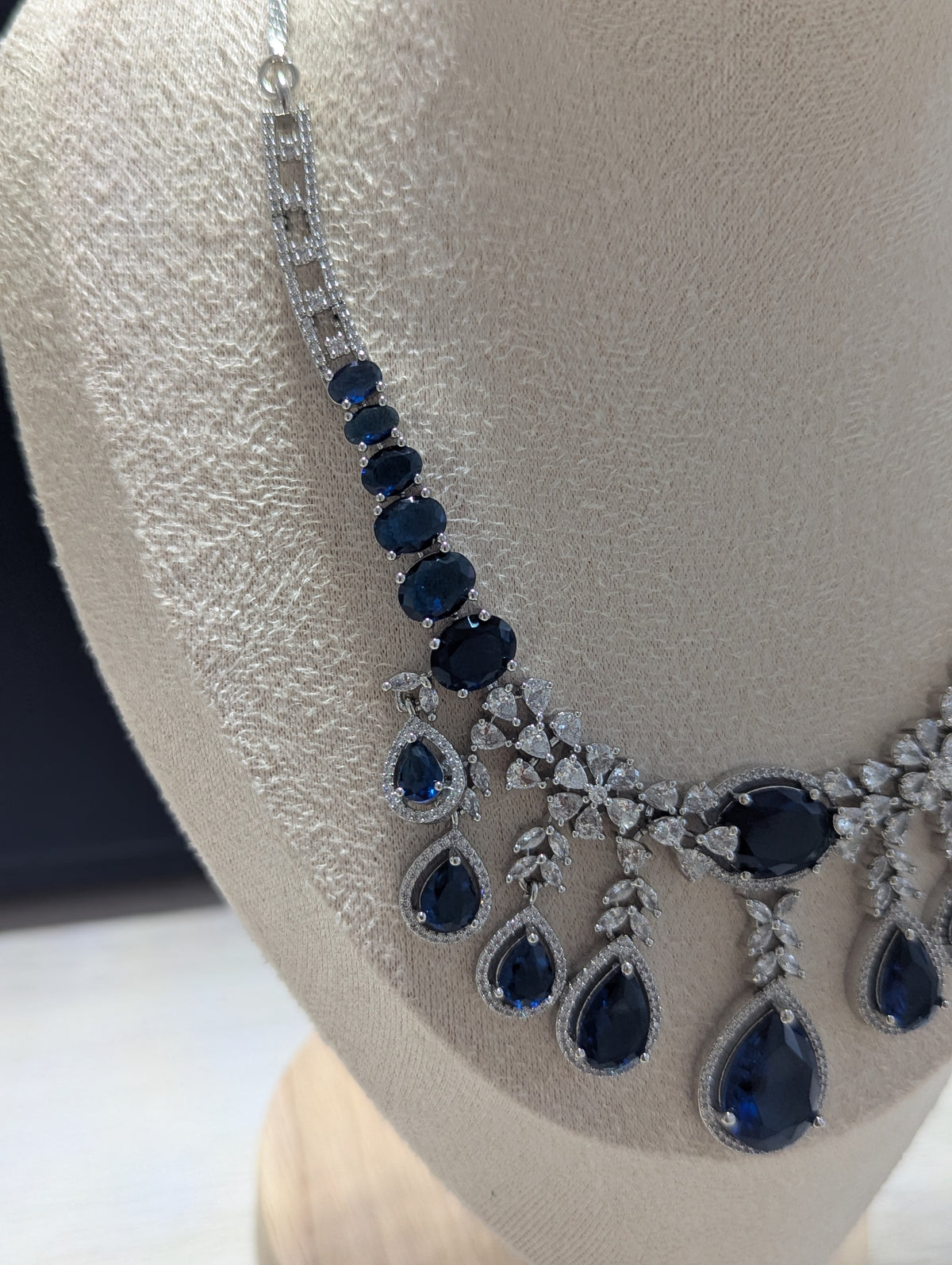 Arabella Necklace Earring Set – Exceptional Quality Blue CZ Sapphires, Clear Stones, White Gold Plating