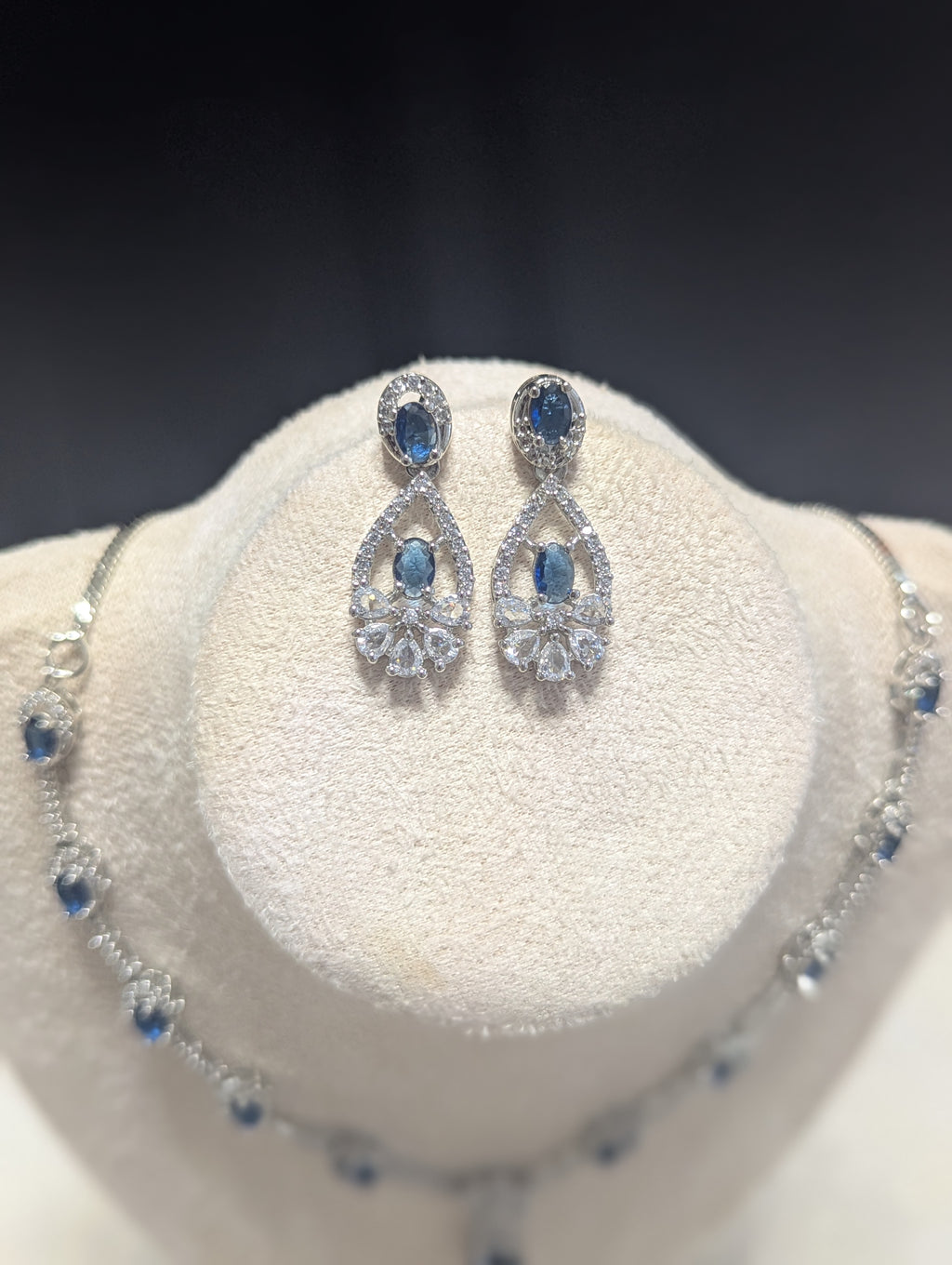 Charlotte Sapphire Exceptional Quality CZ Necklace Earrings Set – White Gold Plating Flower Design