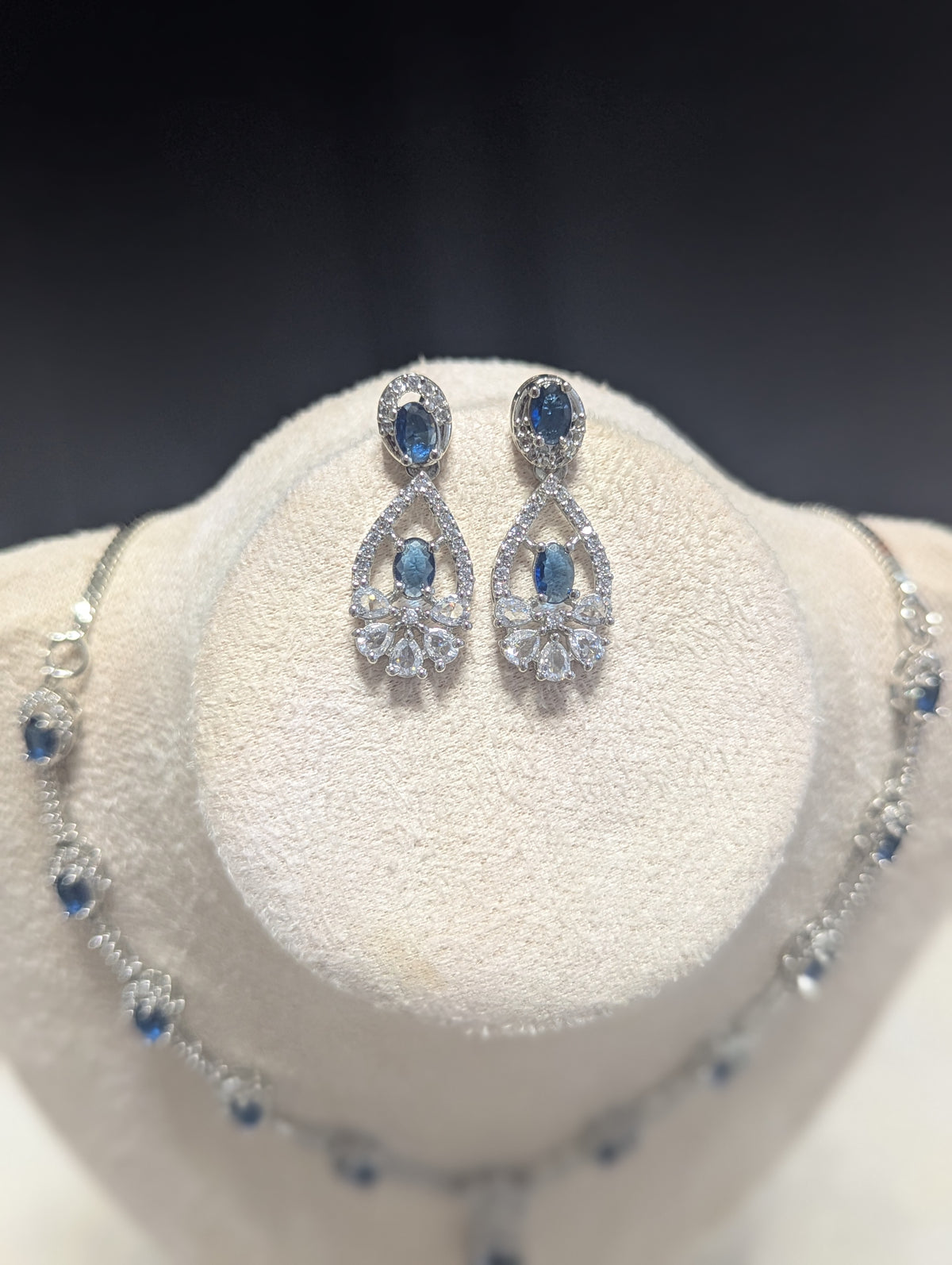Charlotte Sapphire Exceptional Quality CZ Necklace Earrings Set – White Gold Plating Flower Design