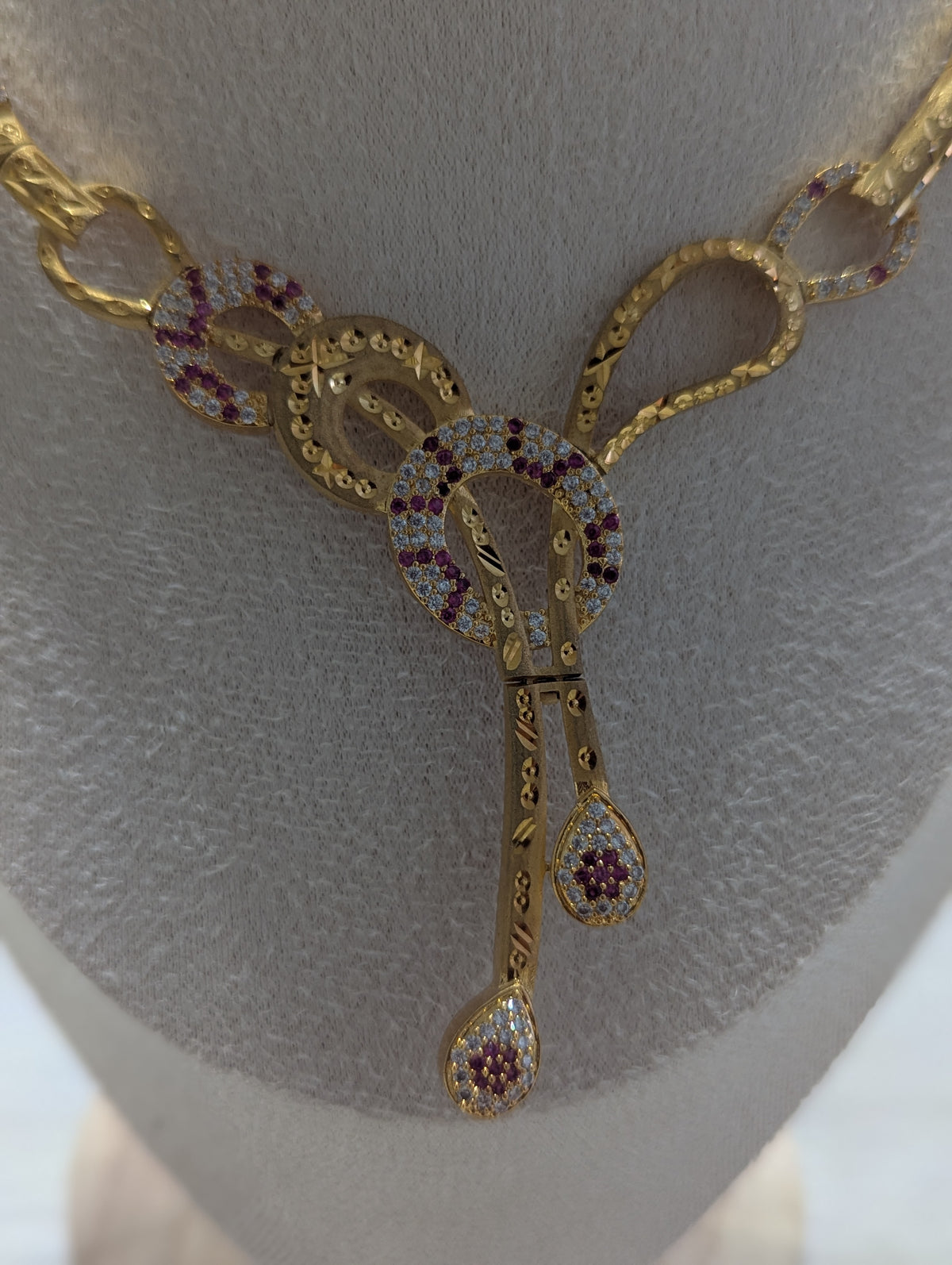 Aurora 22ct Gold Plated Necklace Earrings Set – Exceptional Quality Pink and Clear CZ Stones Opulent Design
