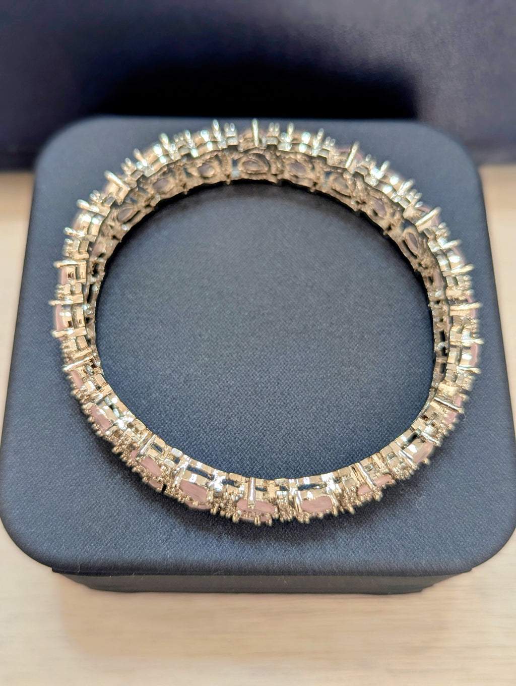 Alexandria Vibrant- Pink Topaz Bangle Exceptional Quality CZ Clear Stones. White Gold plating. Opulent Design