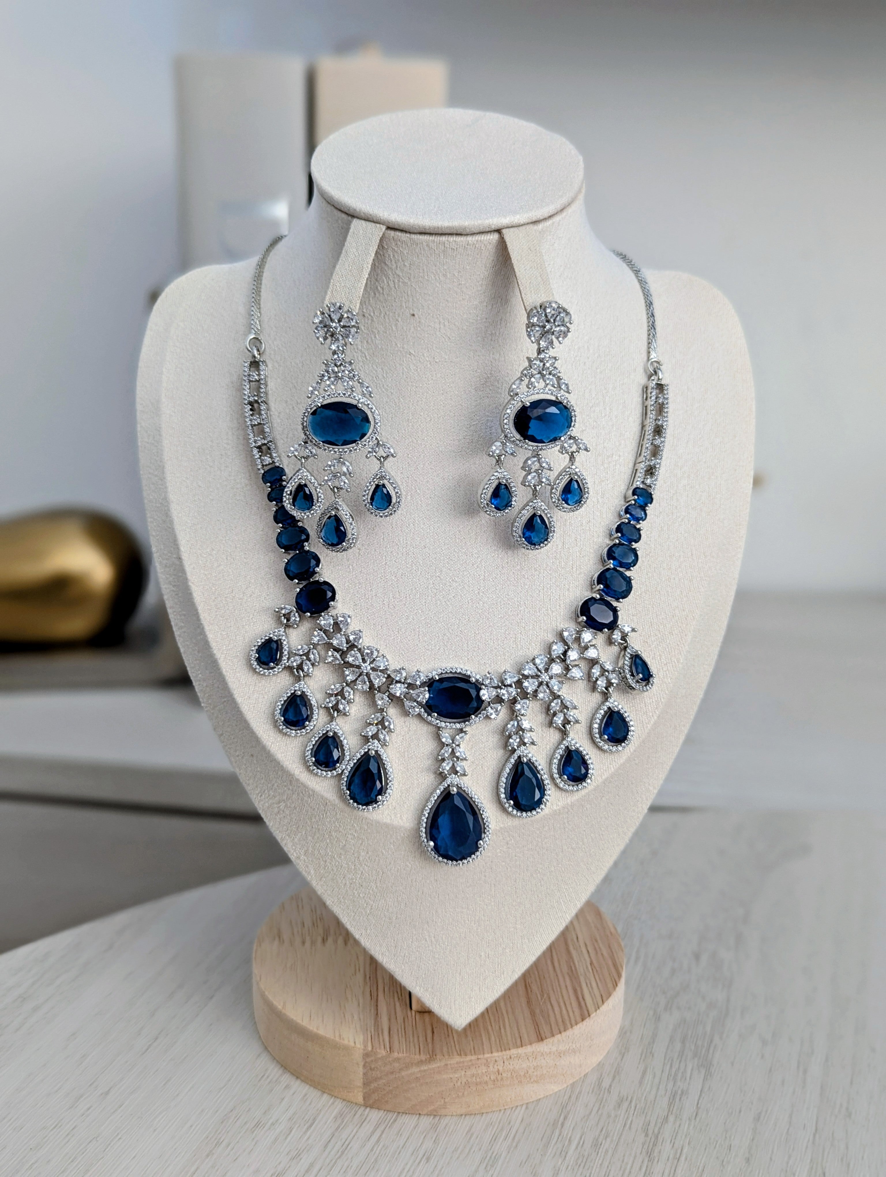 Arabella Necklace Earring Set – Exceptional Quality Blue CZ Sapphires, Clear Stones, White Gold Plating