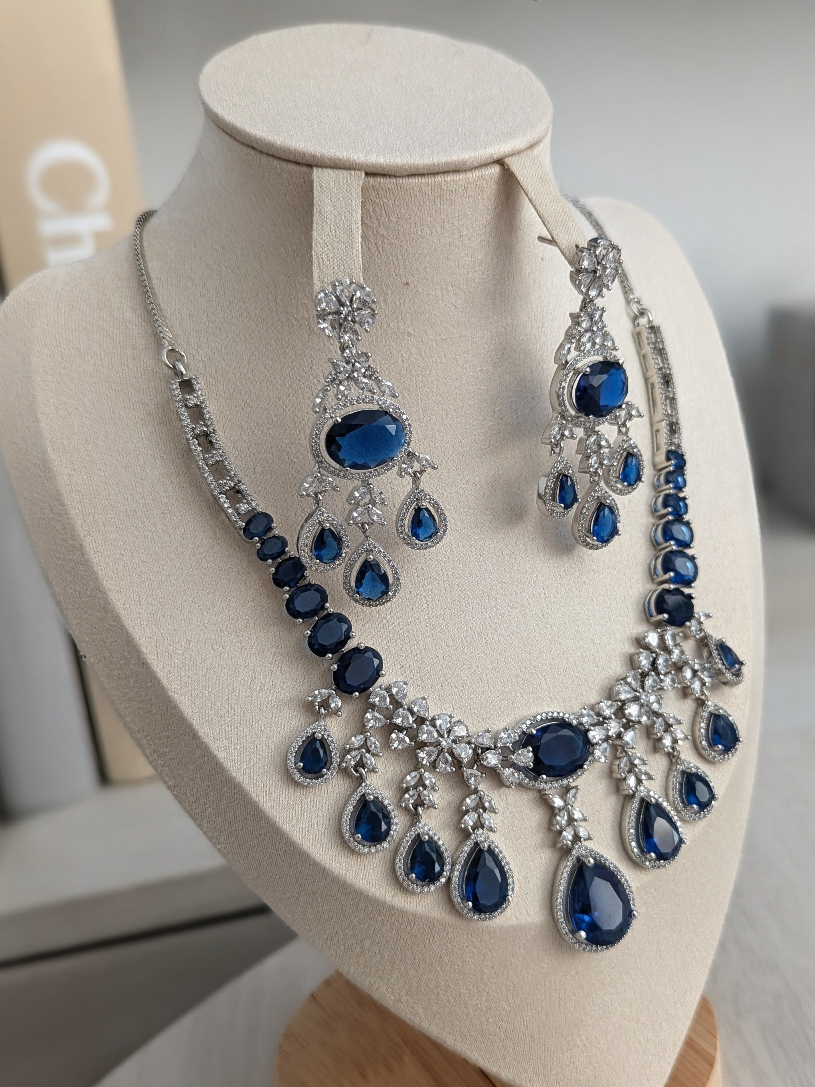 Arabella Necklace Earring Set – Exceptional Quality Blue CZ Sapphires, Clear Stones, White Gold Plating