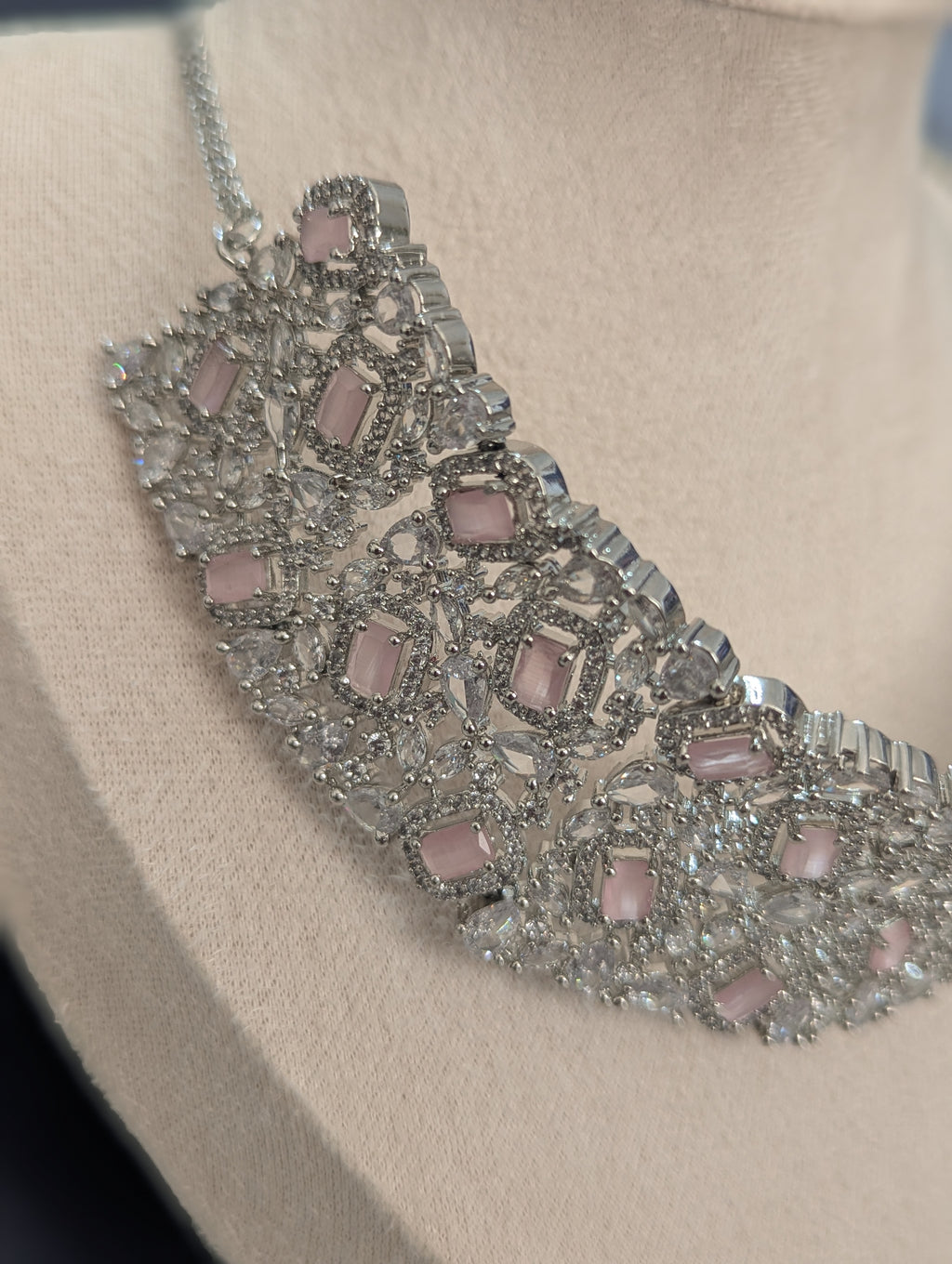 Alexandria - Pink Topaz Necklace & Earring Choker Set Exceptional Quality CZ Clear Stones. White Gold plating. Opulent Design