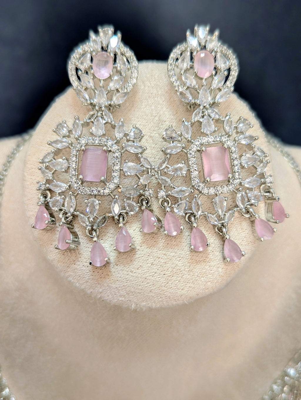 Alexandria - Pink Topaz Necklace & Earring Choker Set Exceptional Quality CZ Clear Stones. White Gold plating. Opulent Design