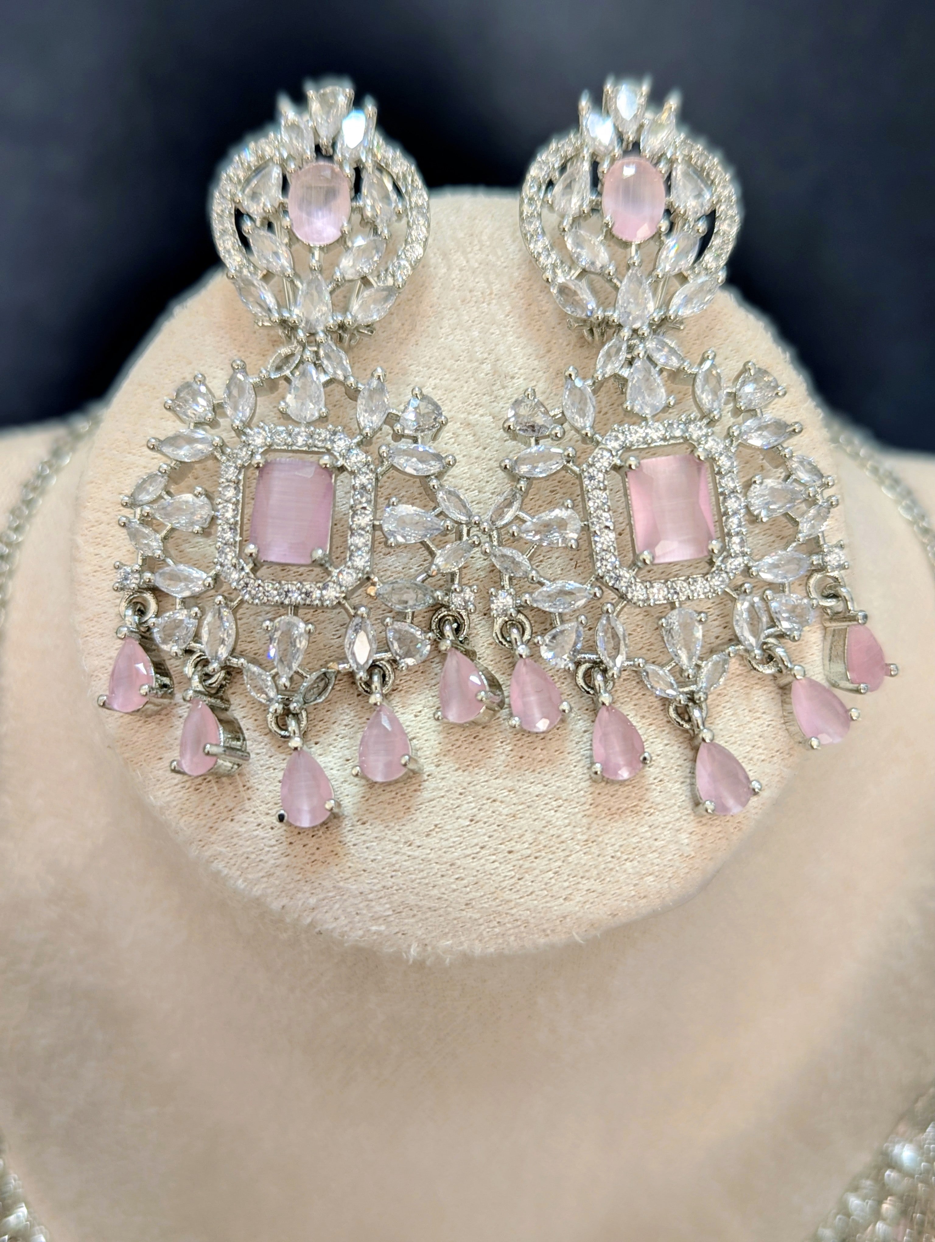 Alexandria - Pink Topaz Necklace & Earring Choker Set Exceptional Quality CZ Clear Stones. White Gold plating. Opulent Design