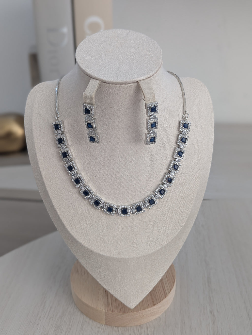 Isabella Sapphire Necklace Earring Set – Exceptional Quality CZ Stones, White Gold Plating, Opulent Design