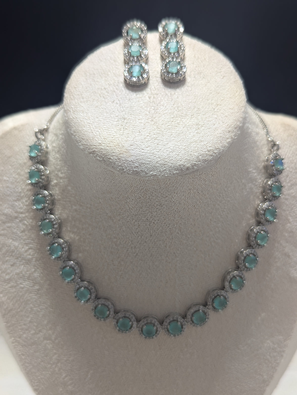 Isabella Mint Green CZ Necklace Earrings Set – Exceptional Quality Opulent Design, Clear Stones