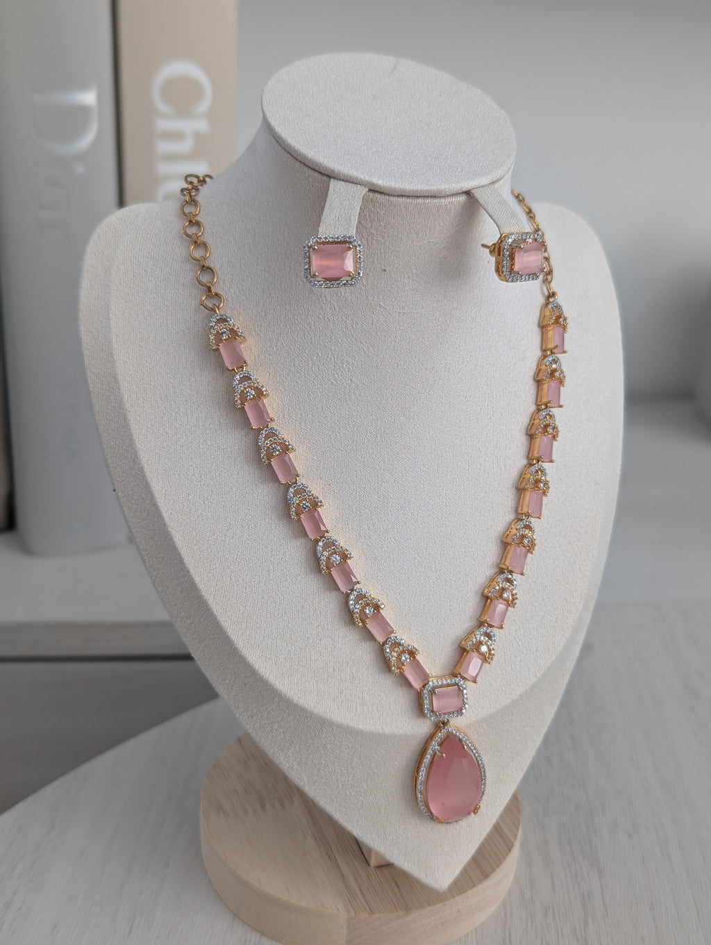 Clarissa 22ct Gold Plated Exceptional Quality Pink CZ Flower Necklace Earrings Set – Opulent Design