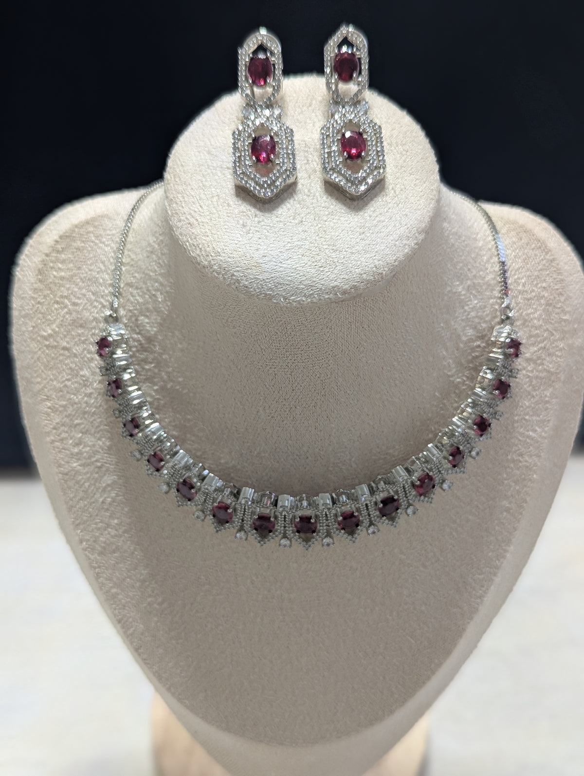 Annalise Exceptional Quality CZ Ruby and Clear Stone Necklace Earring Set – White Gold Plating Opulent Design