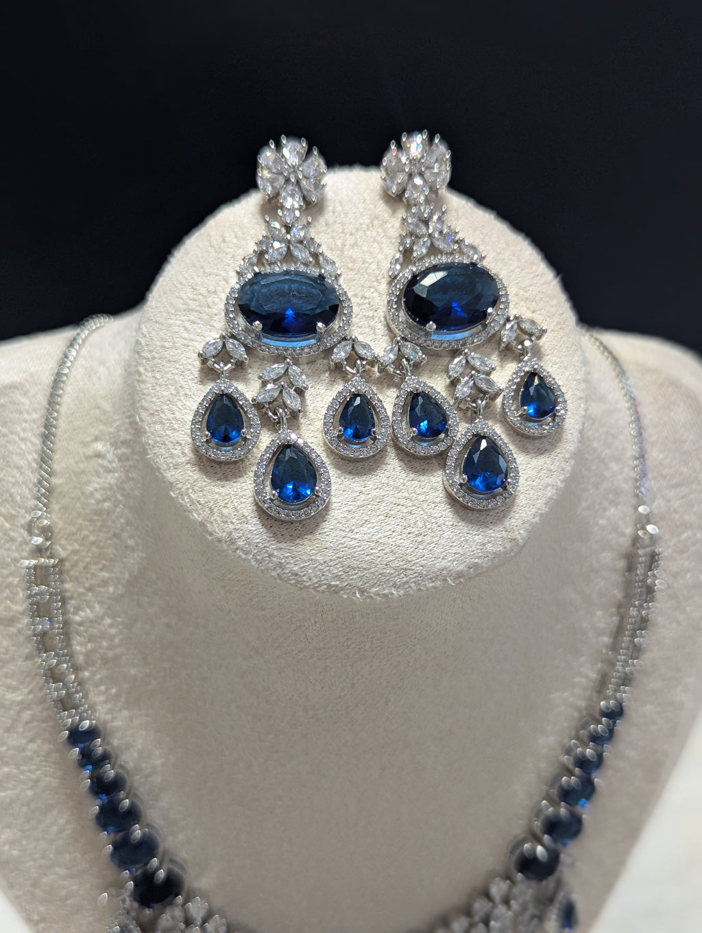 Arabella Necklace Earring Set – Exceptional Quality Blue CZ Sapphires, Clear Stones, White Gold Plating