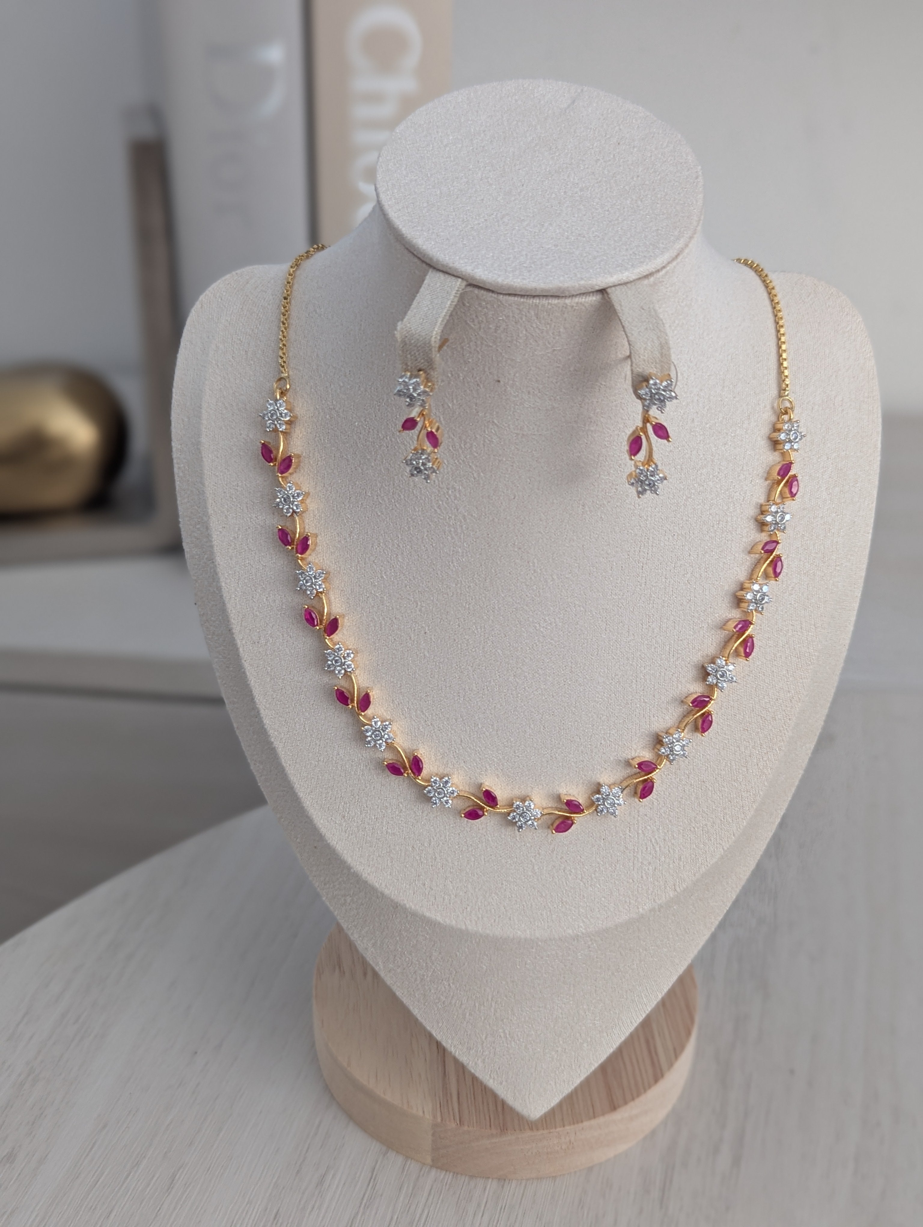 Eloise Pink Topaz CZ Flower Necklace Earrings Set – Exceptional Quality 22ct Gold Plated Jewelry