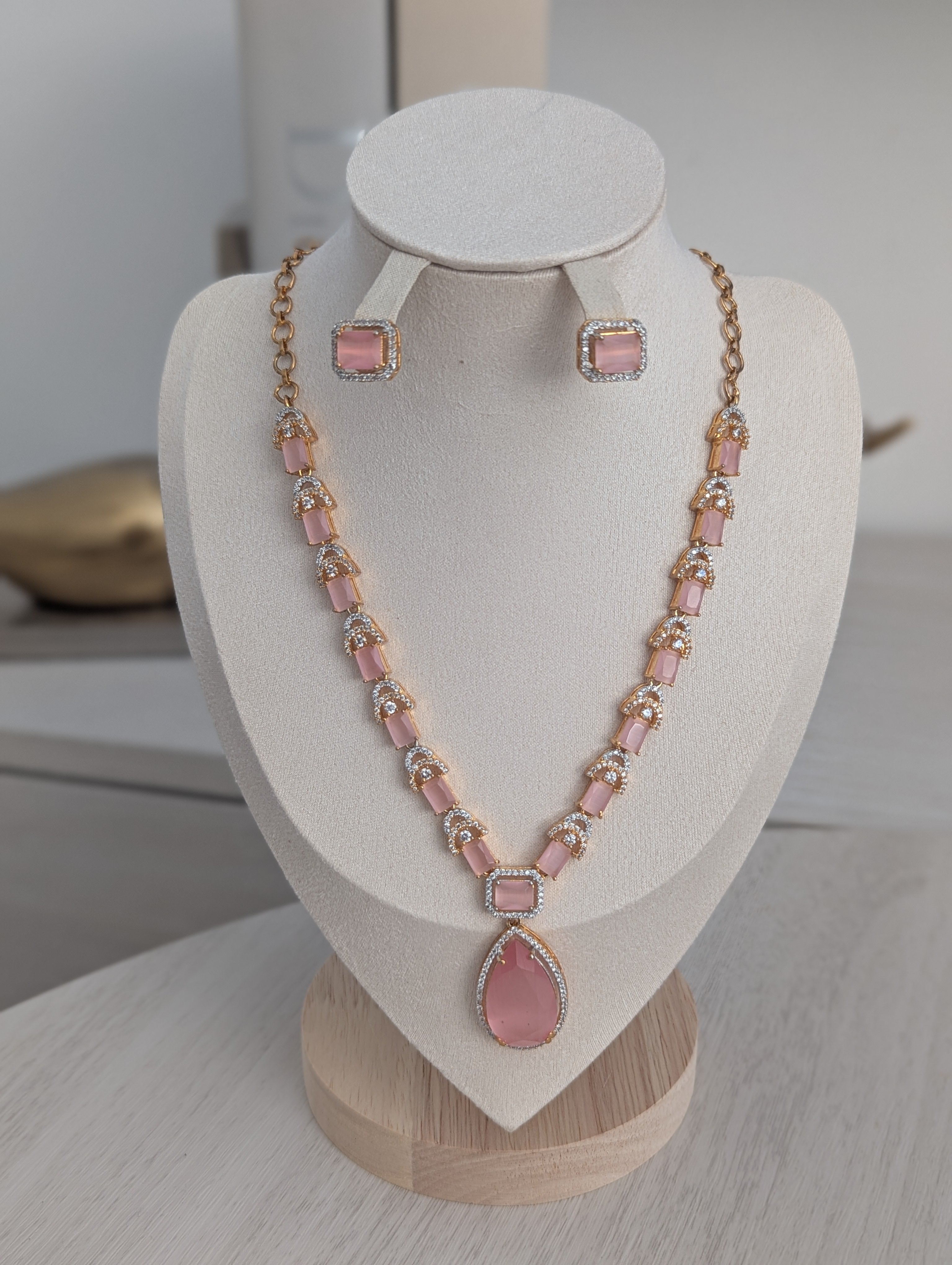 Clarissa 22ct Gold Plated Exceptional Quality Pink CZ Flower Necklace Earrings Set – Opulent Design