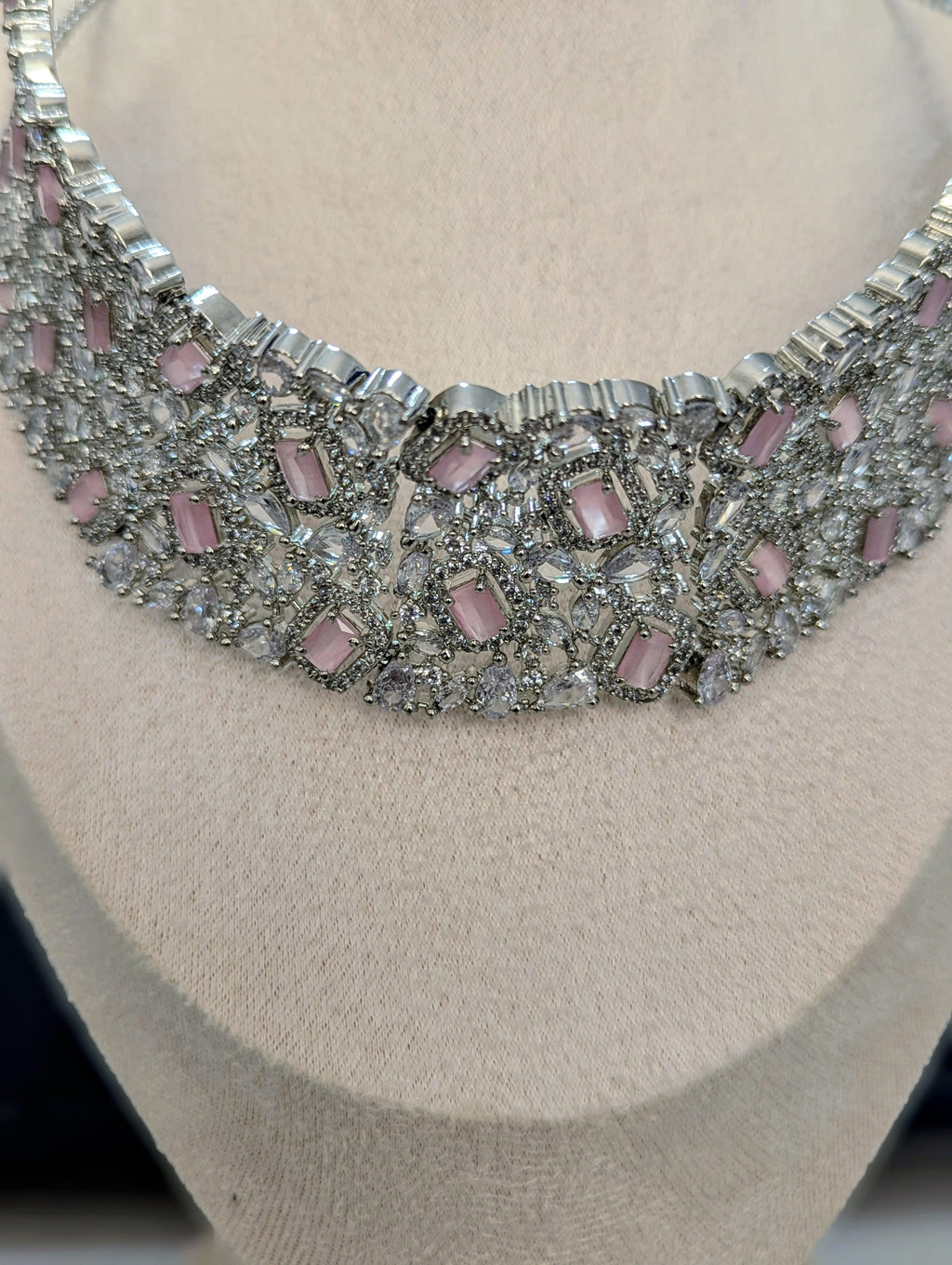 Alexandria - Pink Topaz Necklace & Earring Choker Set Exceptional Quality CZ Clear Stones. White Gold plating. Opulent Design