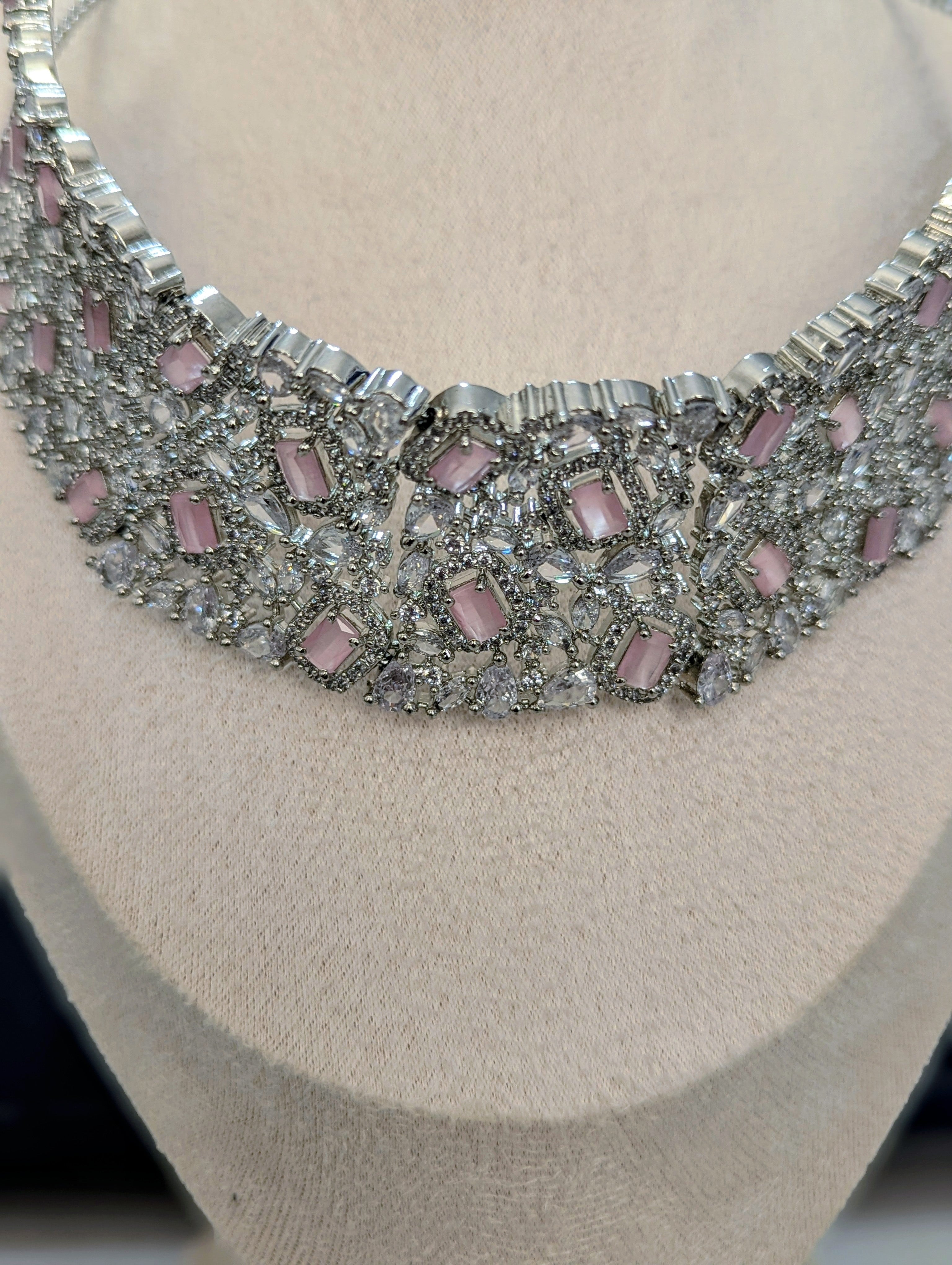 Alexandria - Pink Topaz Necklace & Earring Choker Set Exceptional Quality CZ Clear Stones. White Gold plating. Opulent Design