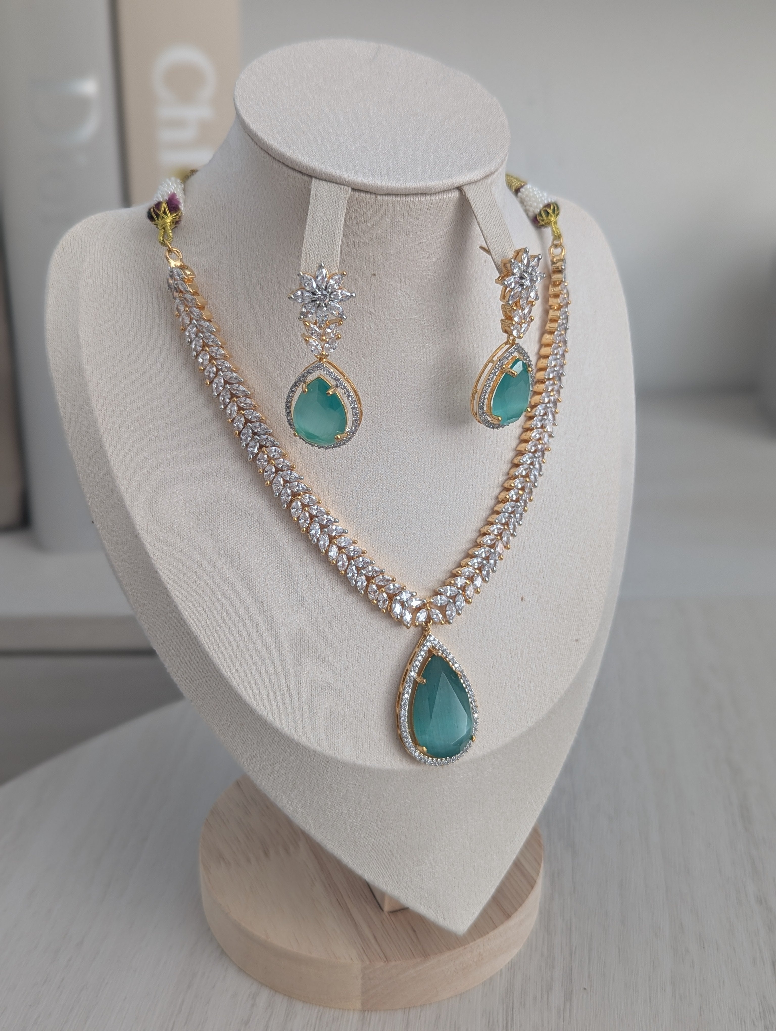 Giselle Necklace Earring Set – Exceptional Quality Mint Green Clear Cubic Zirconia 22ct Gold Plating Flower Design