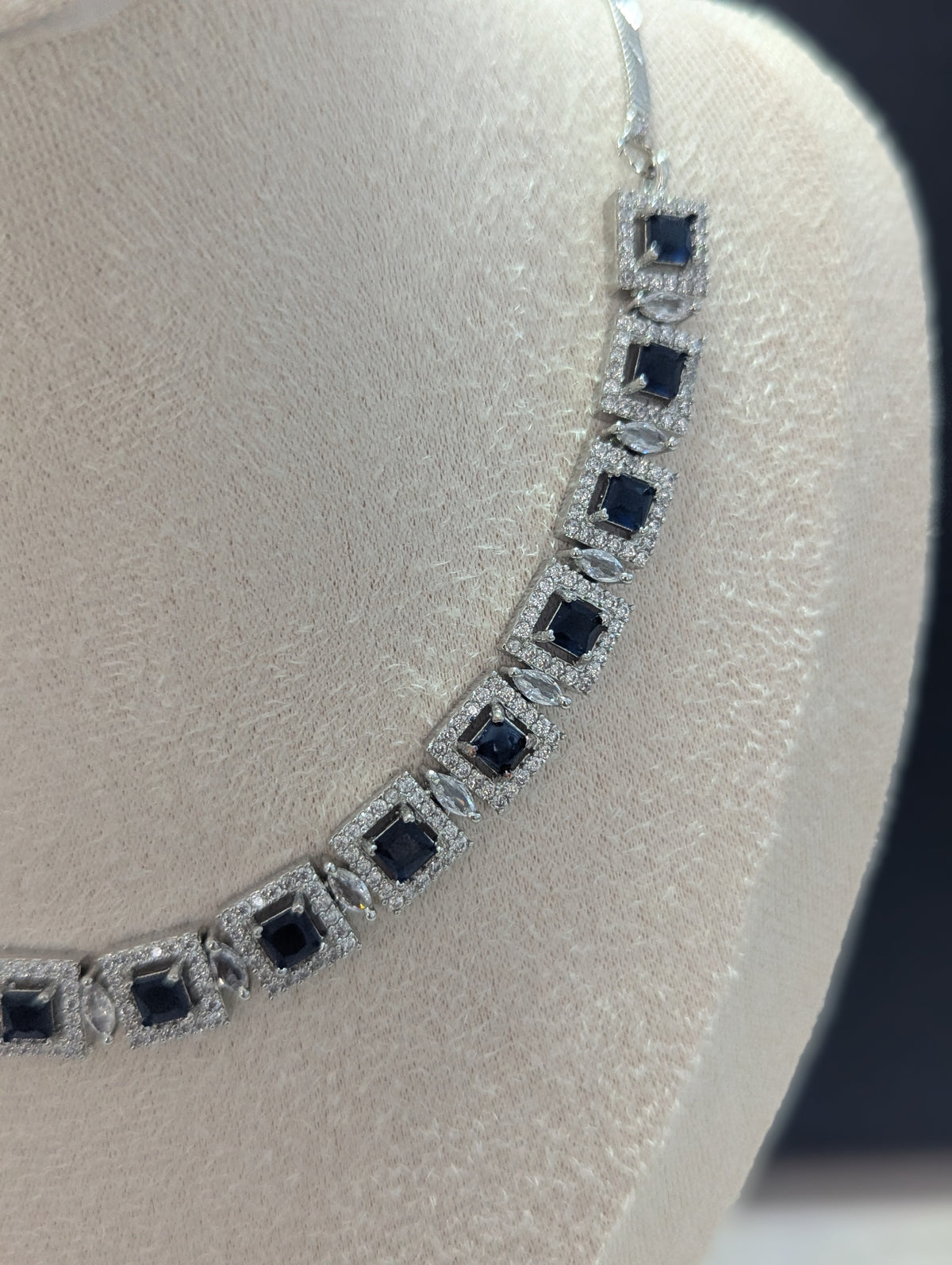 Isabella Sapphire Necklace Earring Set – Exceptional Quality CZ Stones, White Gold Plating, Opulent Design