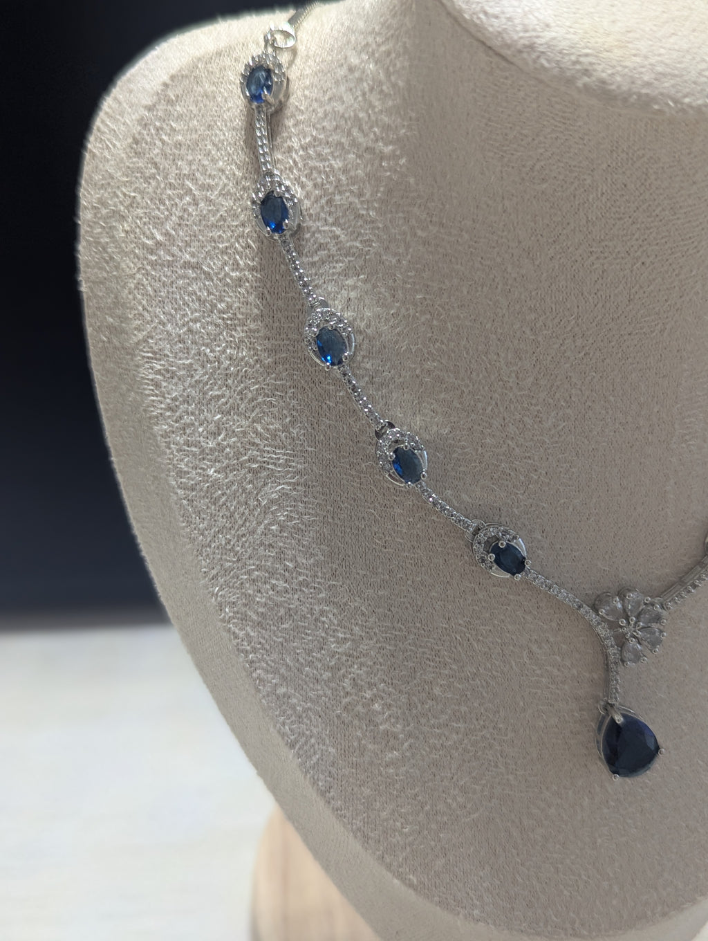 Charlotte Sapphire Exceptional Quality CZ Necklace Earrings Set – White Gold Plating Flower Design