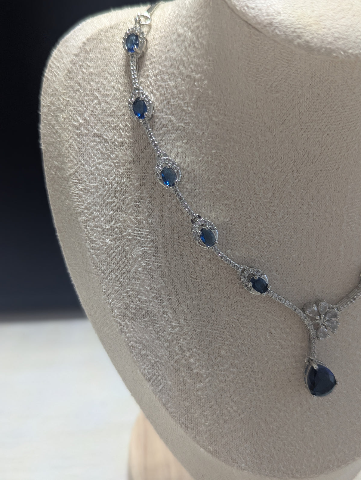 Charlotte Sapphire Exceptional Quality CZ Necklace Earrings Set – White Gold Plating Flower Design