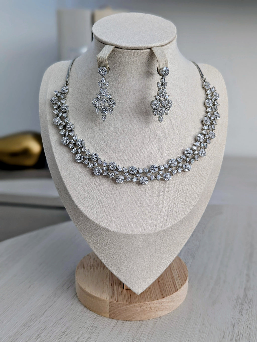 Elara Flower Design Necklace Earrings Set – Exceptional Quality  White Gold Plating, Clear CZ Stones