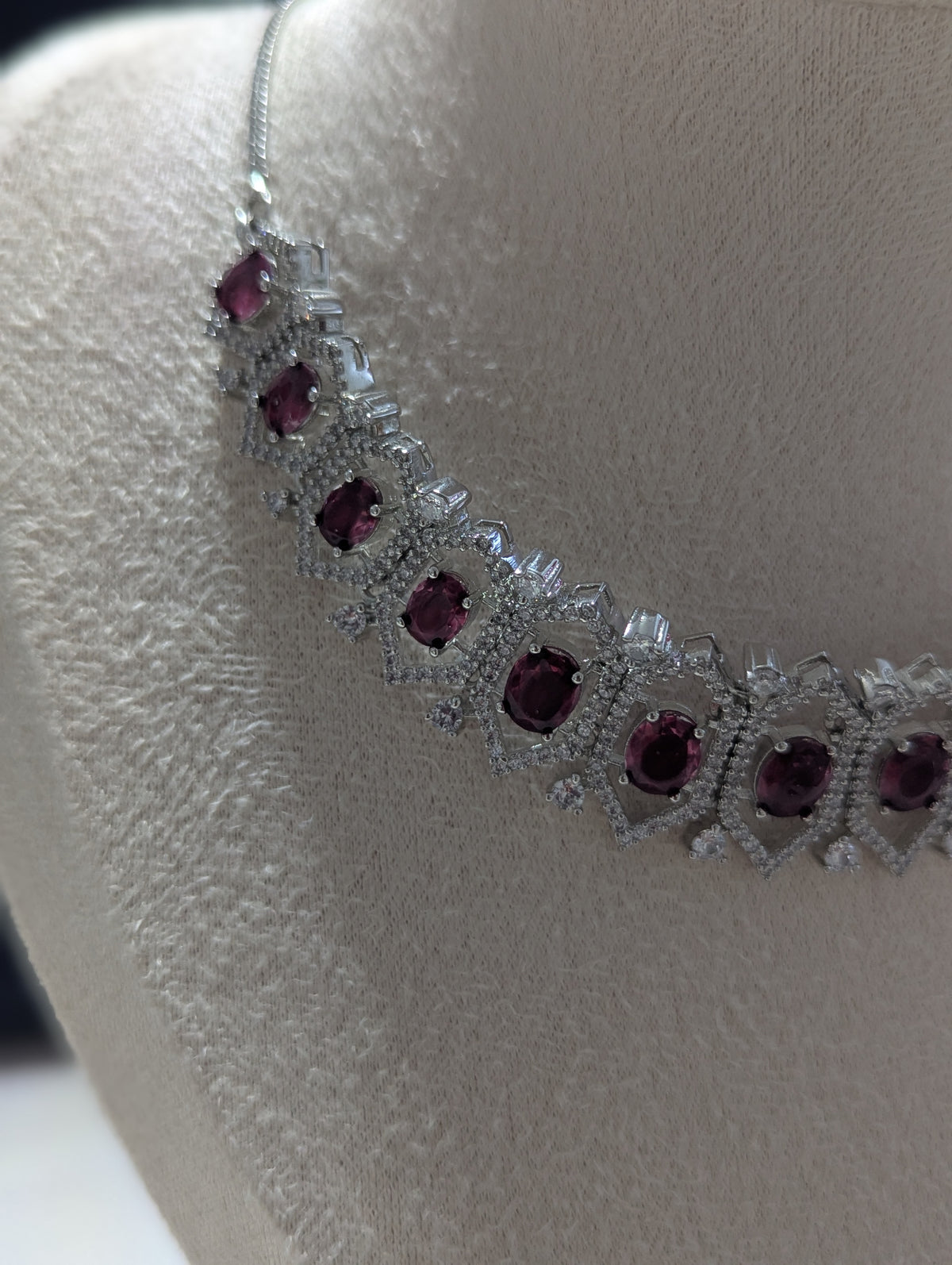 Annalise Exceptional Quality CZ Ruby and Clear Stone Necklace Earring Set – White Gold Plating Opulent Design