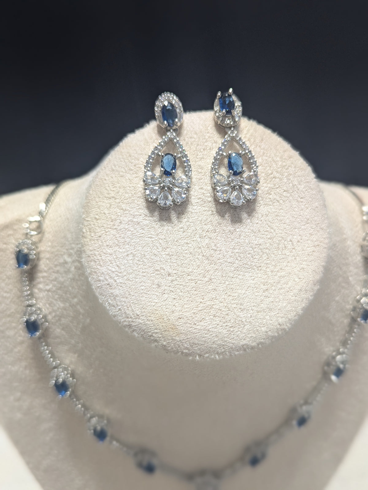 Charlotte Sapphire Exceptional Quality CZ Necklace Earrings Set – White Gold Plating Flower Design