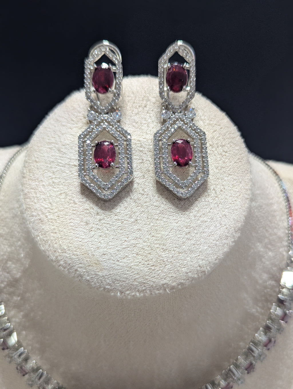 Annalise Exceptional Quality CZ Ruby and Clear Stone Necklace Earring Set – White Gold Plating Opulent Design