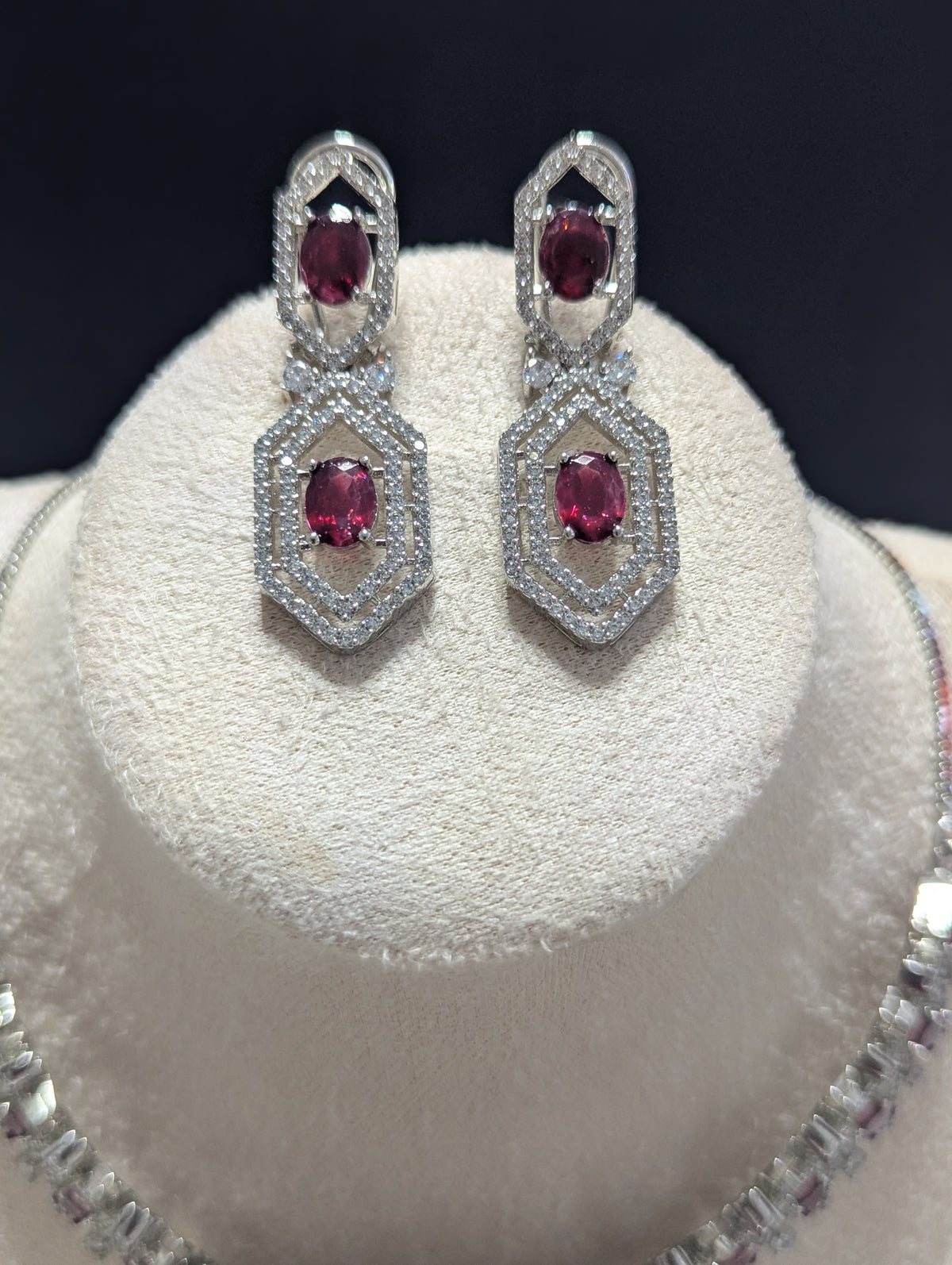 Annalise Exceptional Quality CZ Ruby and Clear Stone Necklace Earring Set – White Gold Plating Opulent Design