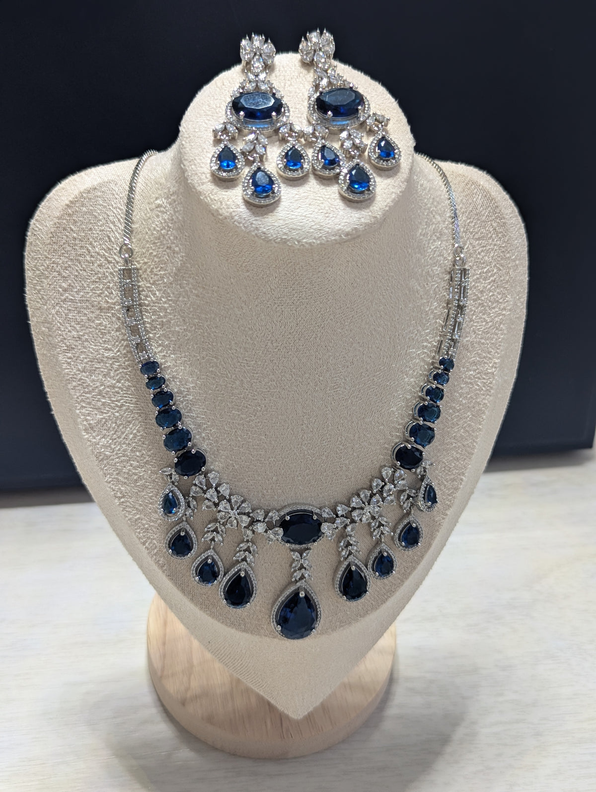Arabella Necklace Earring Set – Exceptional Quality Blue CZ Sapphires, Clear Stones, White Gold Plating
