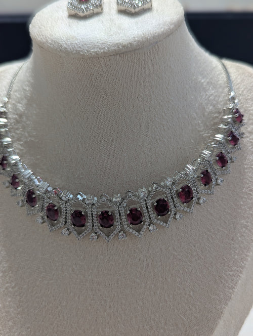 Annalise Exceptional Quality CZ Ruby and Clear Stone Necklace Earring Set – White Gold Plating Opulent Design