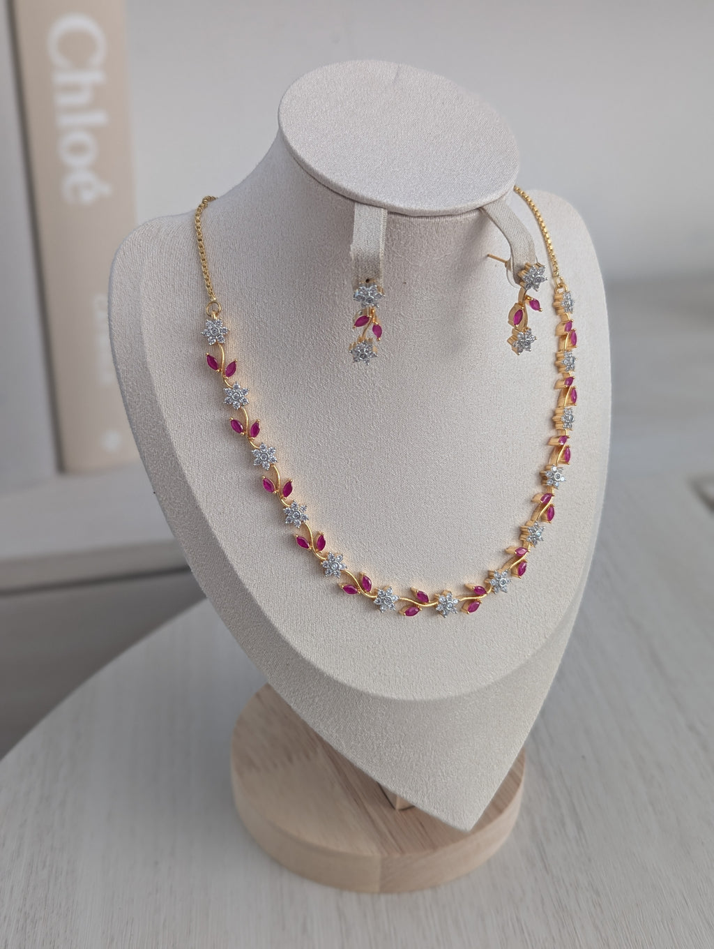 Eloise Pink Topaz CZ Flower Necklace Earrings Set – Exceptional Quality 22ct Gold Plated Jewelry