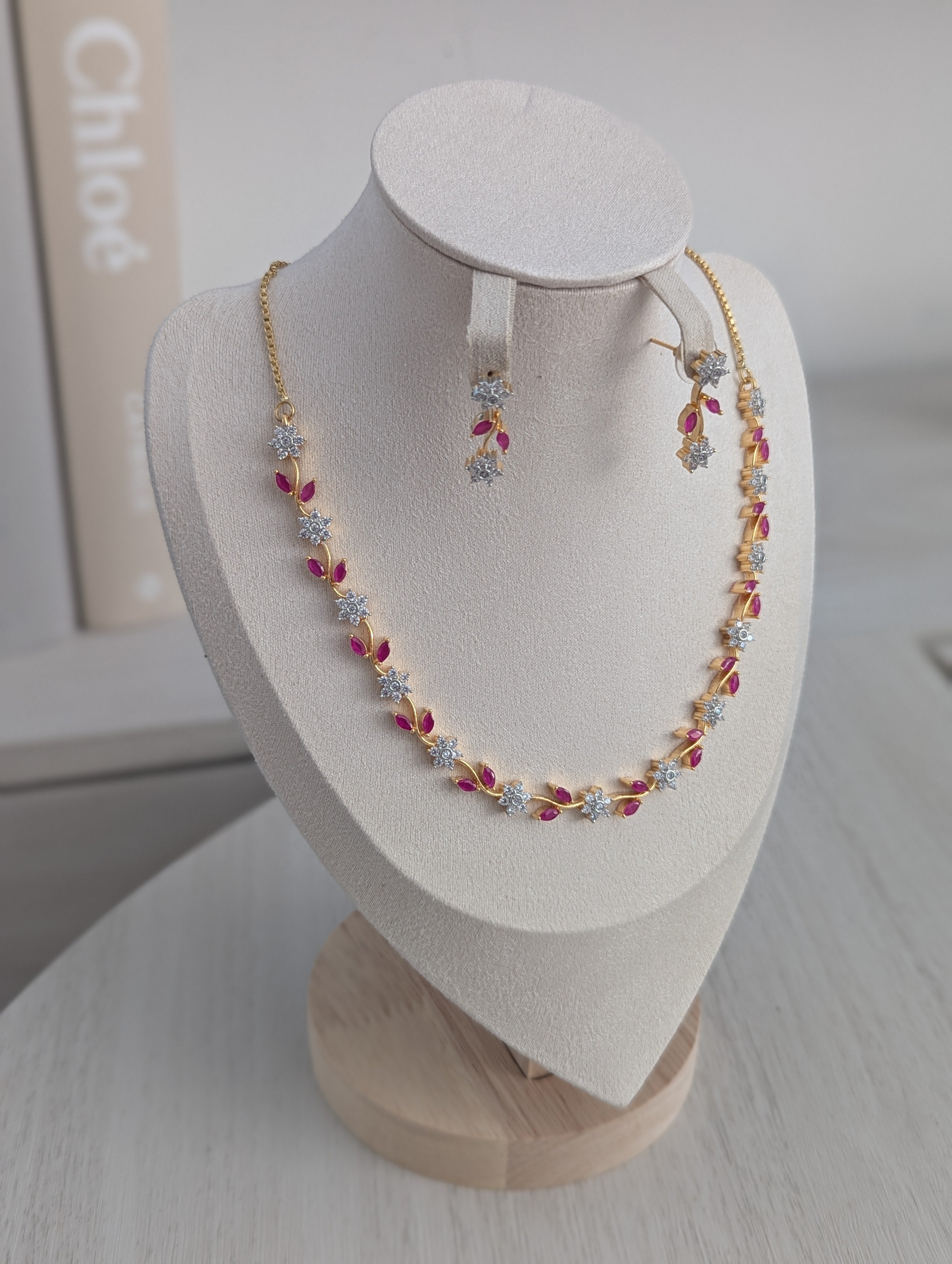 Eloise Pink Topaz CZ Flower Necklace Earrings Set – Exceptional Quality 22ct Gold Plated Jewelry