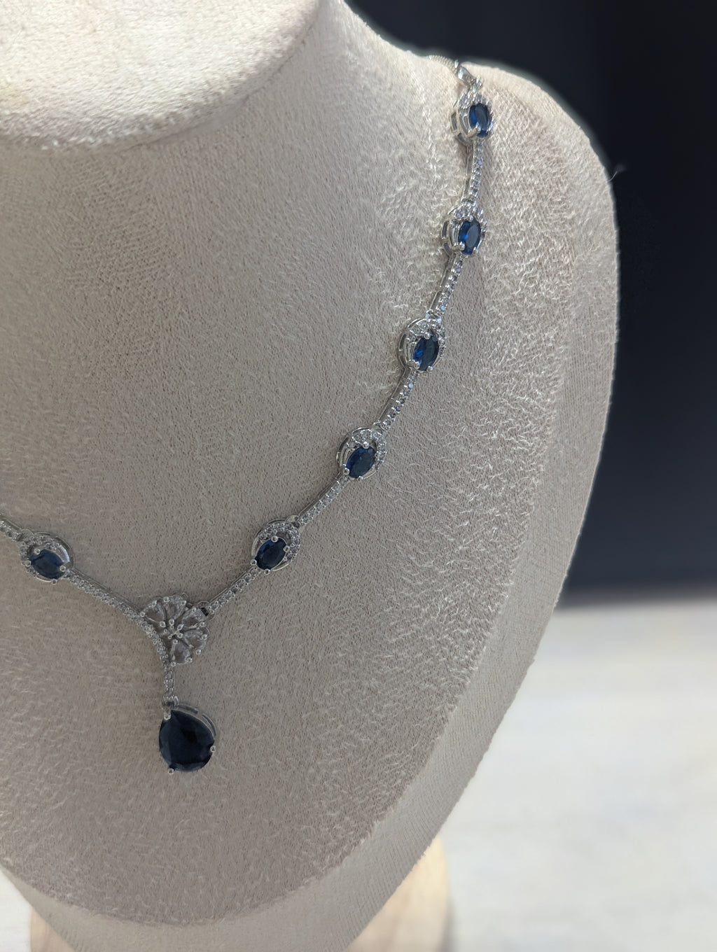 Charlotte Sapphire Exceptional Quality CZ Necklace Earrings Set – White Gold Plating Flower Design