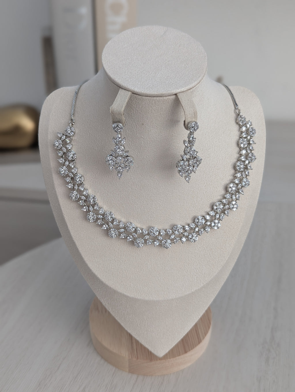 Elara Flower Design Necklace Earrings Set – Exceptional Quality  White Gold Plating, Clear CZ Stones