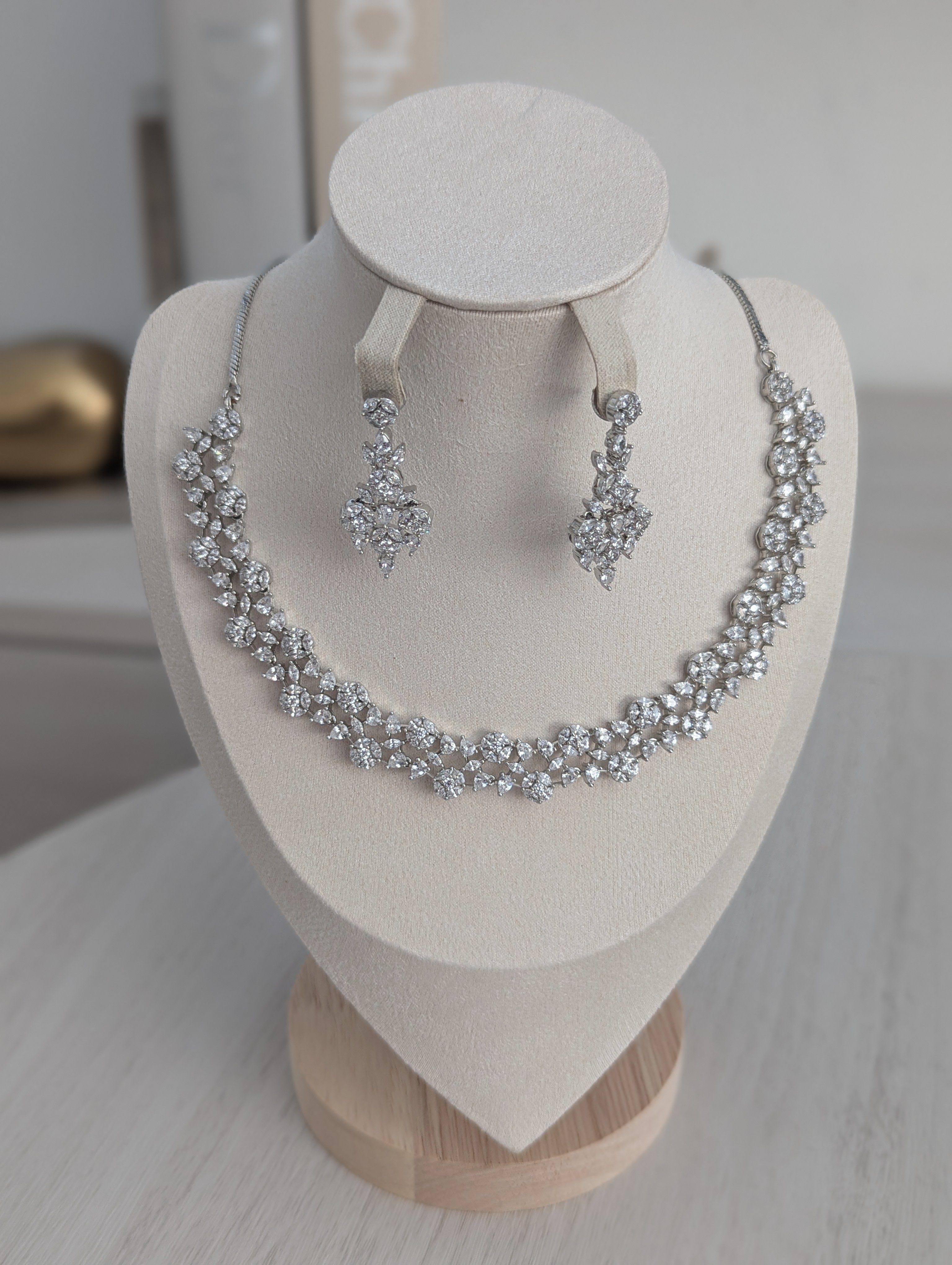 Elara Flower Design Necklace Earrings Set – Exceptional Quality  White Gold Plating, Clear CZ Stones