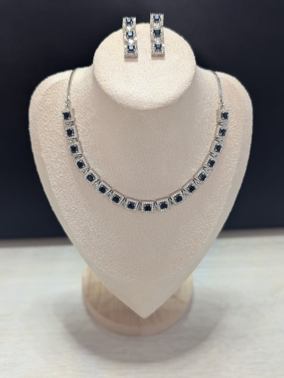 Isabella Sapphire Necklace Earring Set – Exceptional Quality CZ Stones, White Gold Plating, Opulent Design