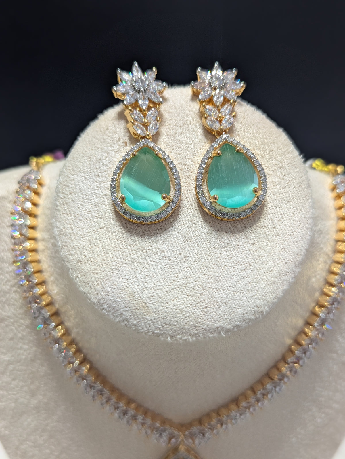 Giselle Necklace Earring Set – Exceptional Quality Mint Green Clear Cubic Zirconia 22ct Gold Plating Flower Design