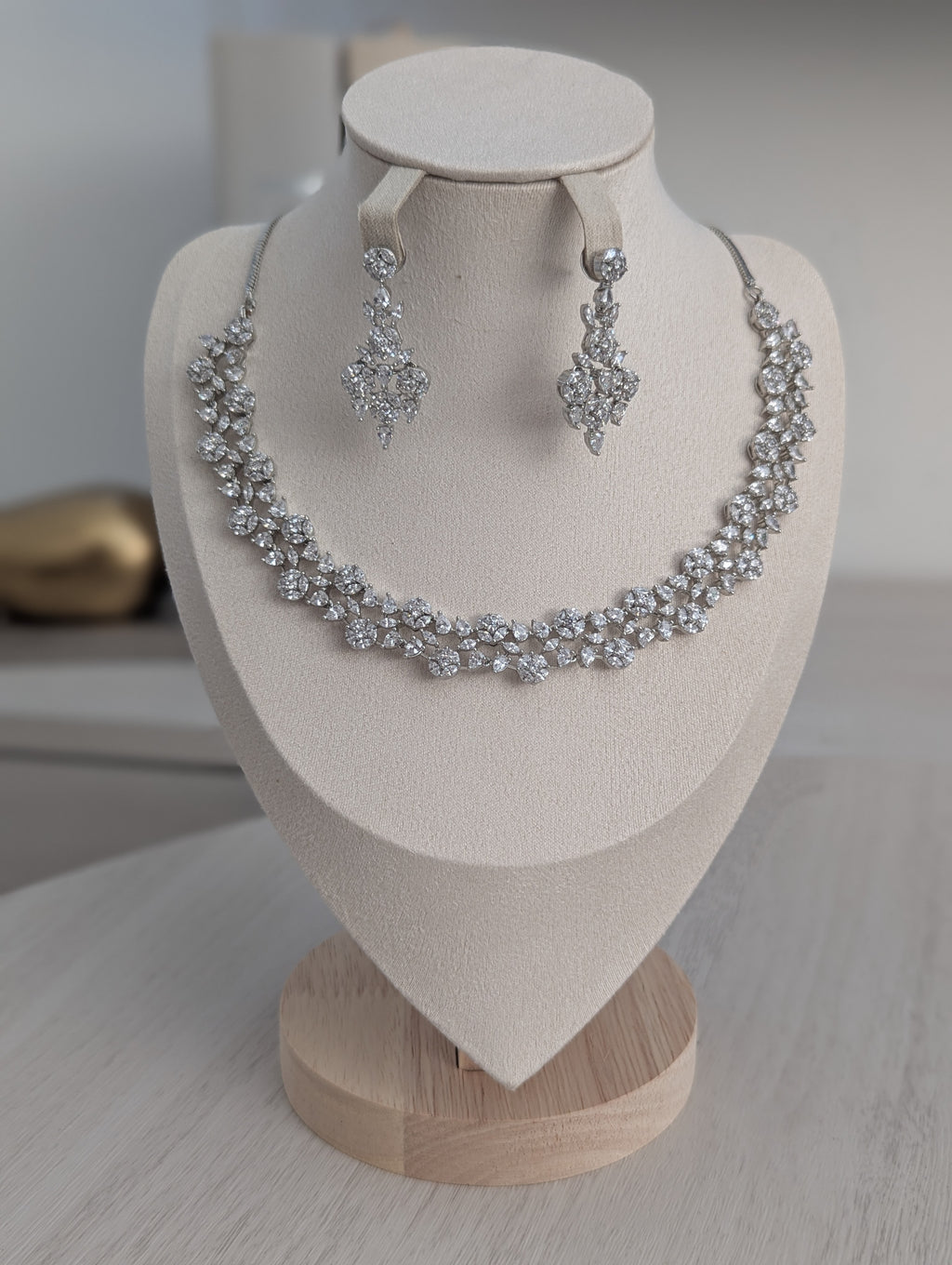 Elara Flower Design Necklace Earrings Set – Exceptional Quality  White Gold Plating, Clear CZ Stones