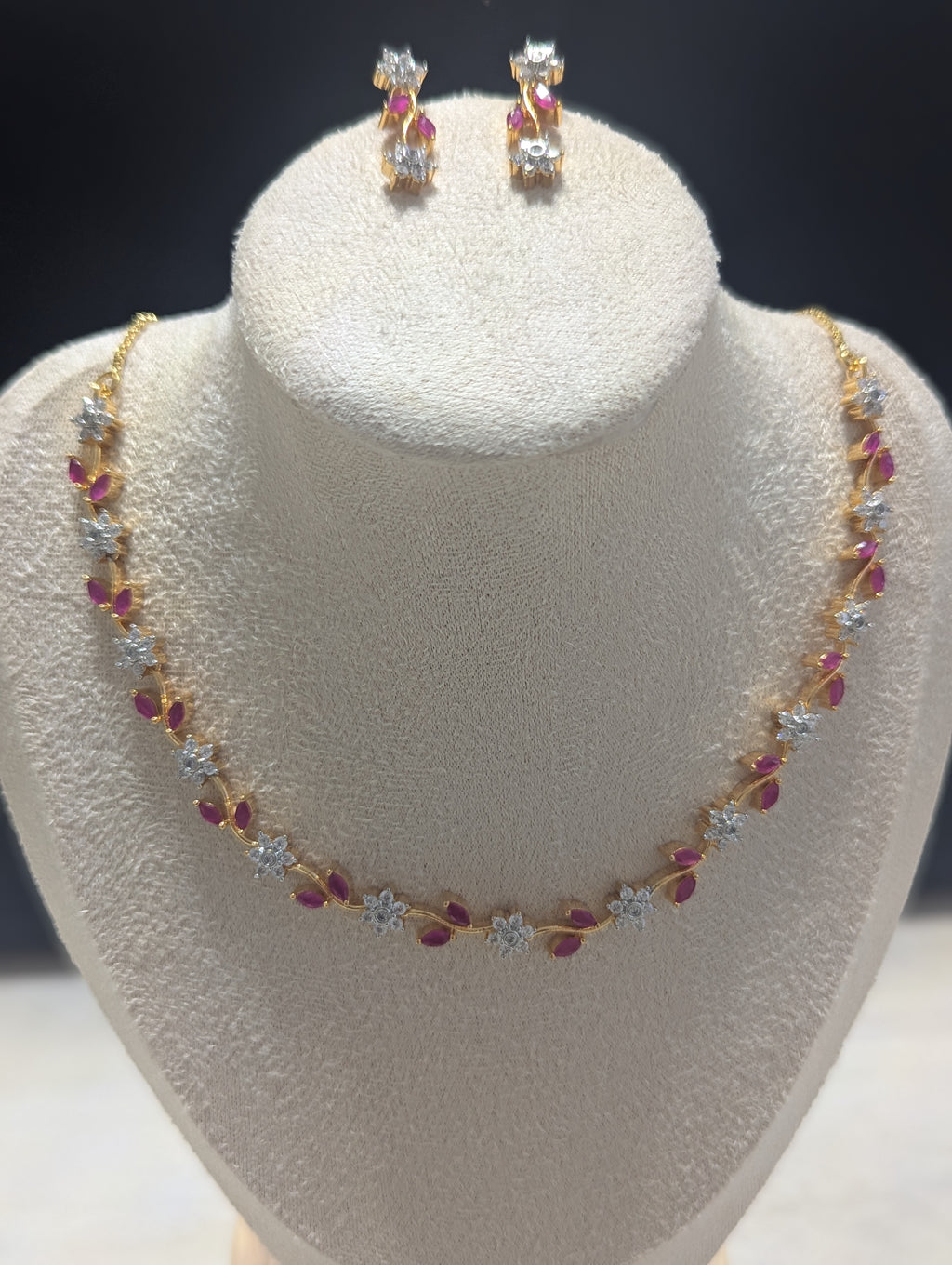 Juliette Necklace Earring Set – Exceptional Quality 22ct Gold Plated Flower Design with Pink and Clear Stones