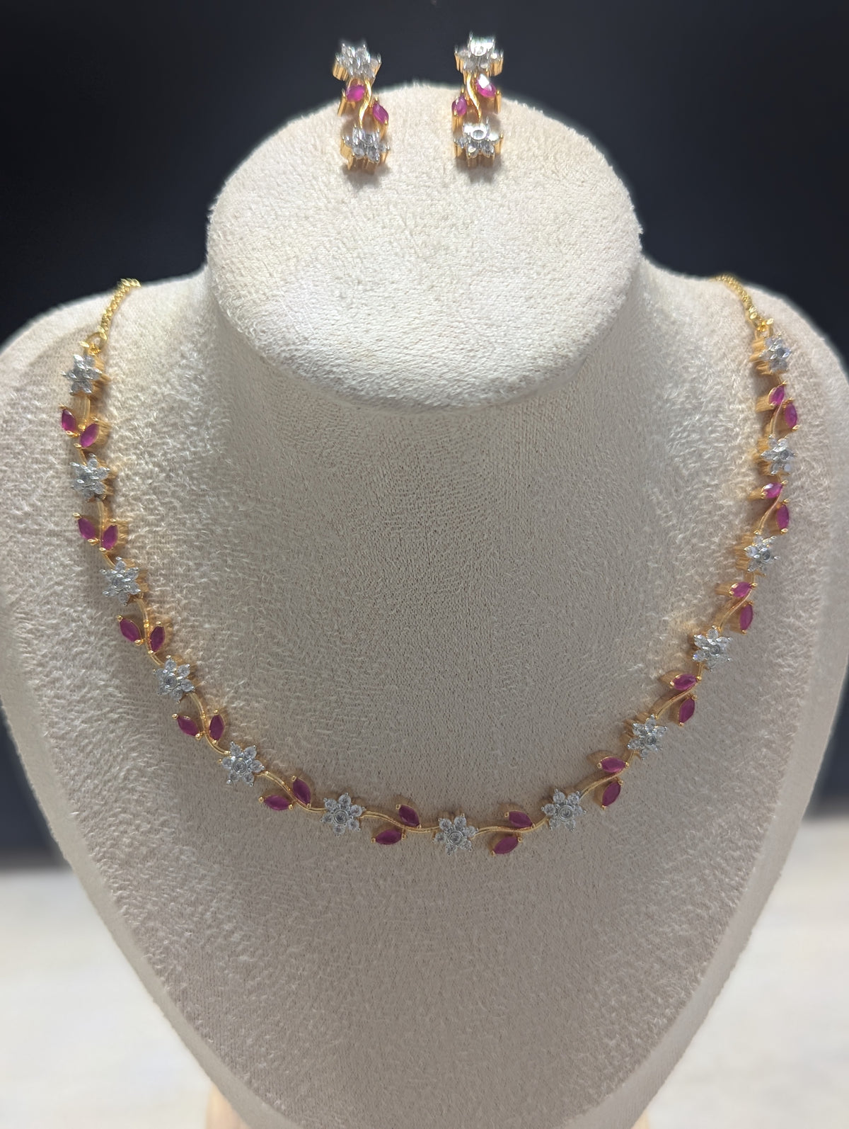 Juliette Necklace Earring Set – Exceptional Quality 22ct Gold Plated Flower Design with Pink and Clear Stones