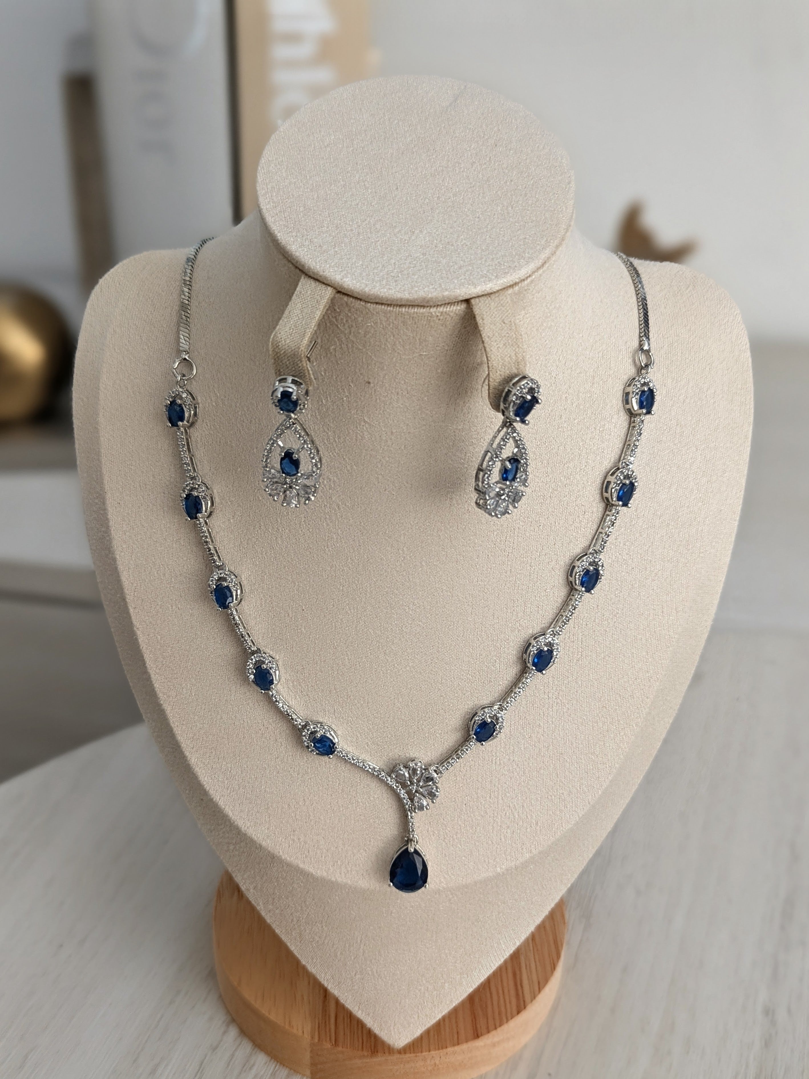 Charlotte Sapphire Exceptional Quality CZ Necklace Earrings Set – White Gold Plating Flower Design